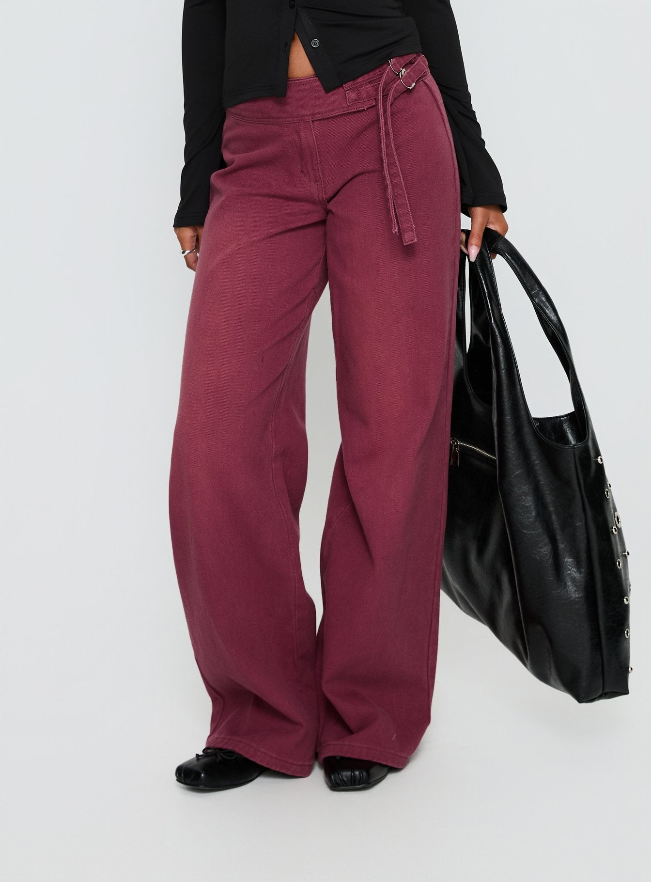 Alternative view of Boxie Mid Rise Wide Leg Jeans Washed Burgundy