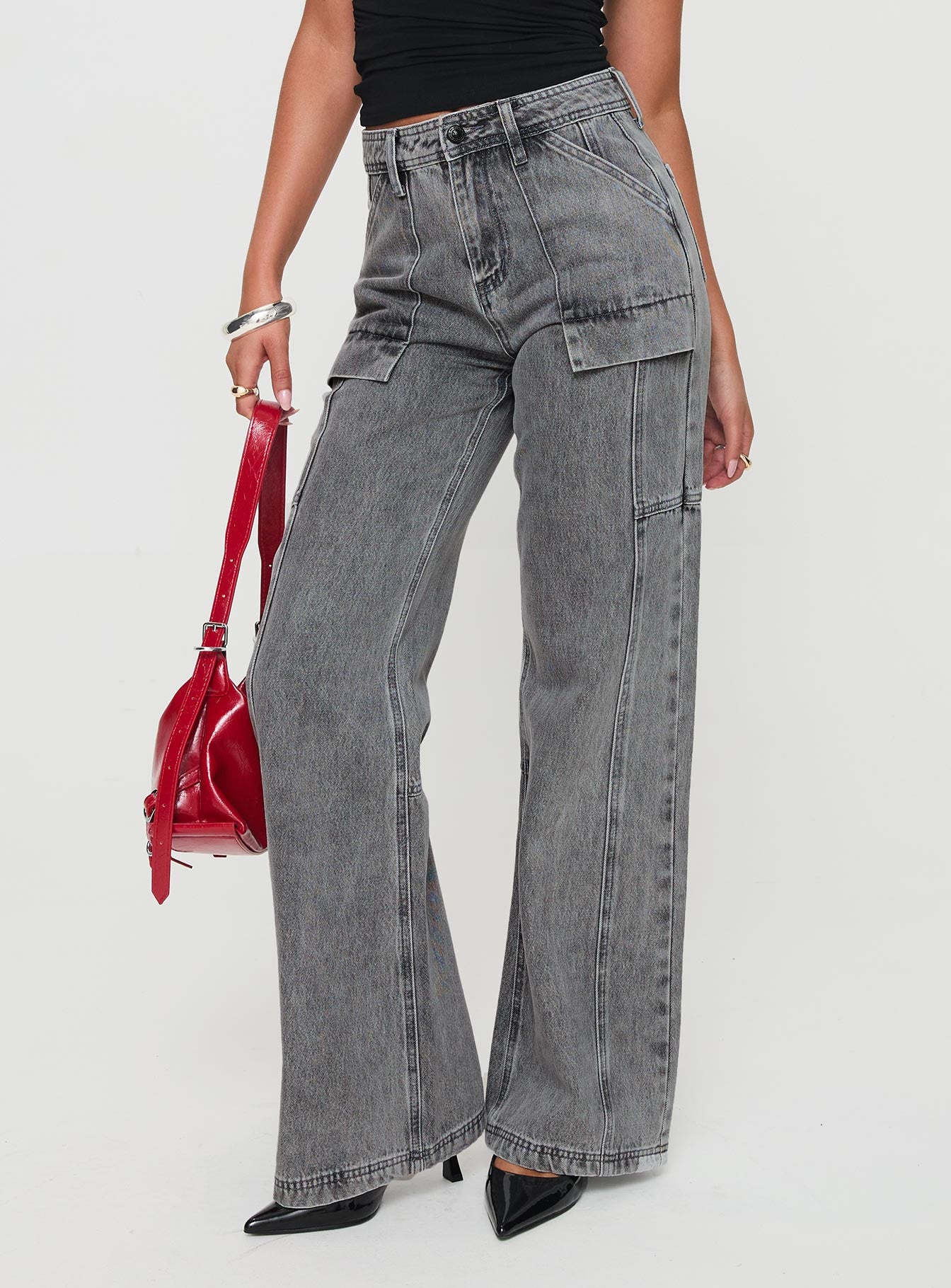 Alternative view of Chad High Rise Flared Cargo Jeans Washed Grey