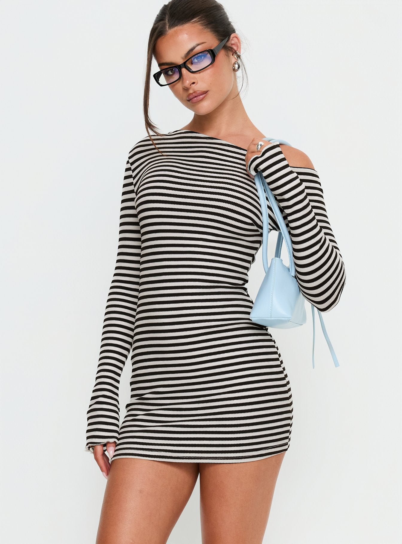 Alternative view of Journi Off Shoulder Long Sleeve Mini Dress Black / White Stripe