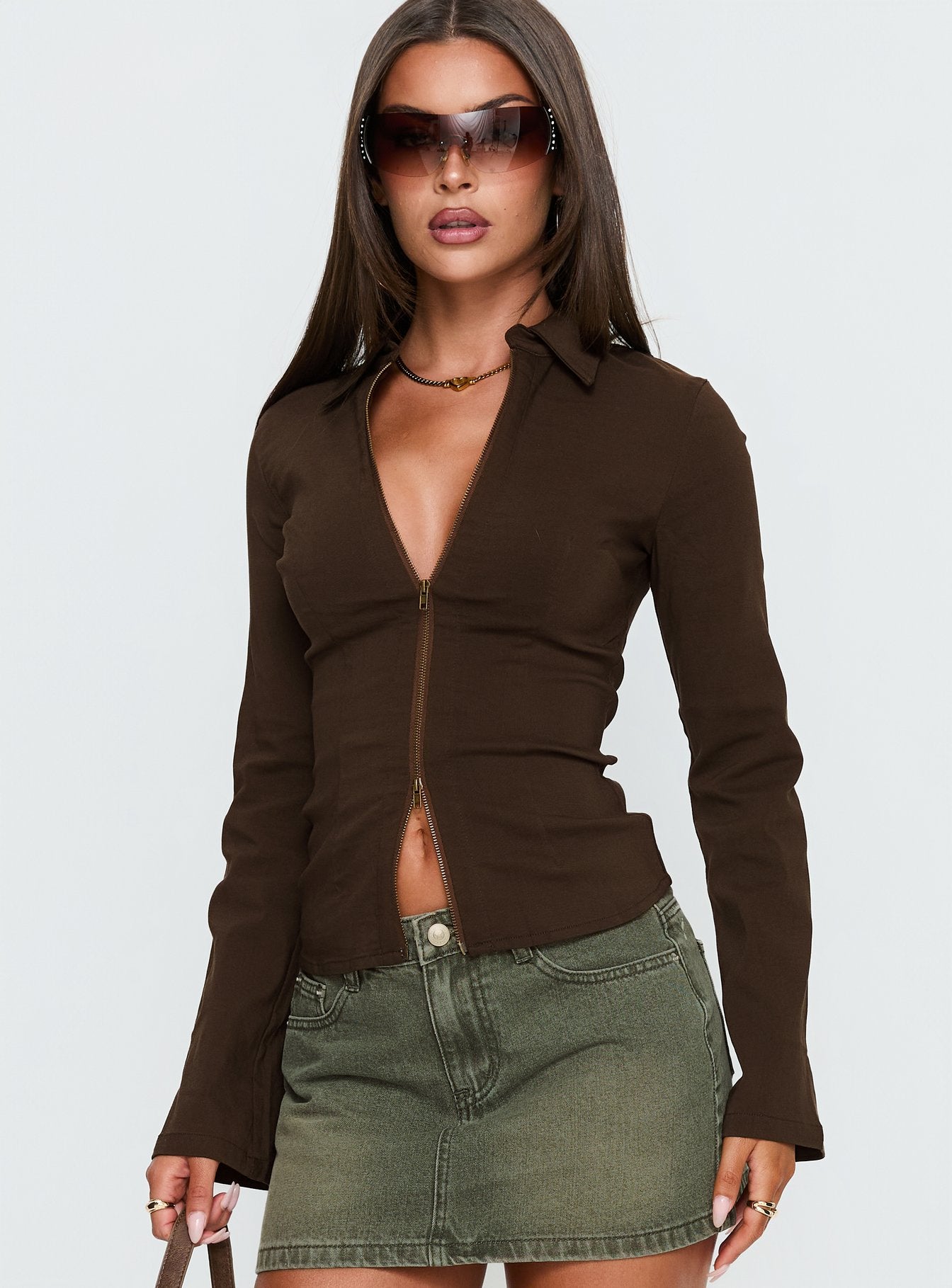 Alternative view of Aviela Zip Up Long Sleeve Top Brown