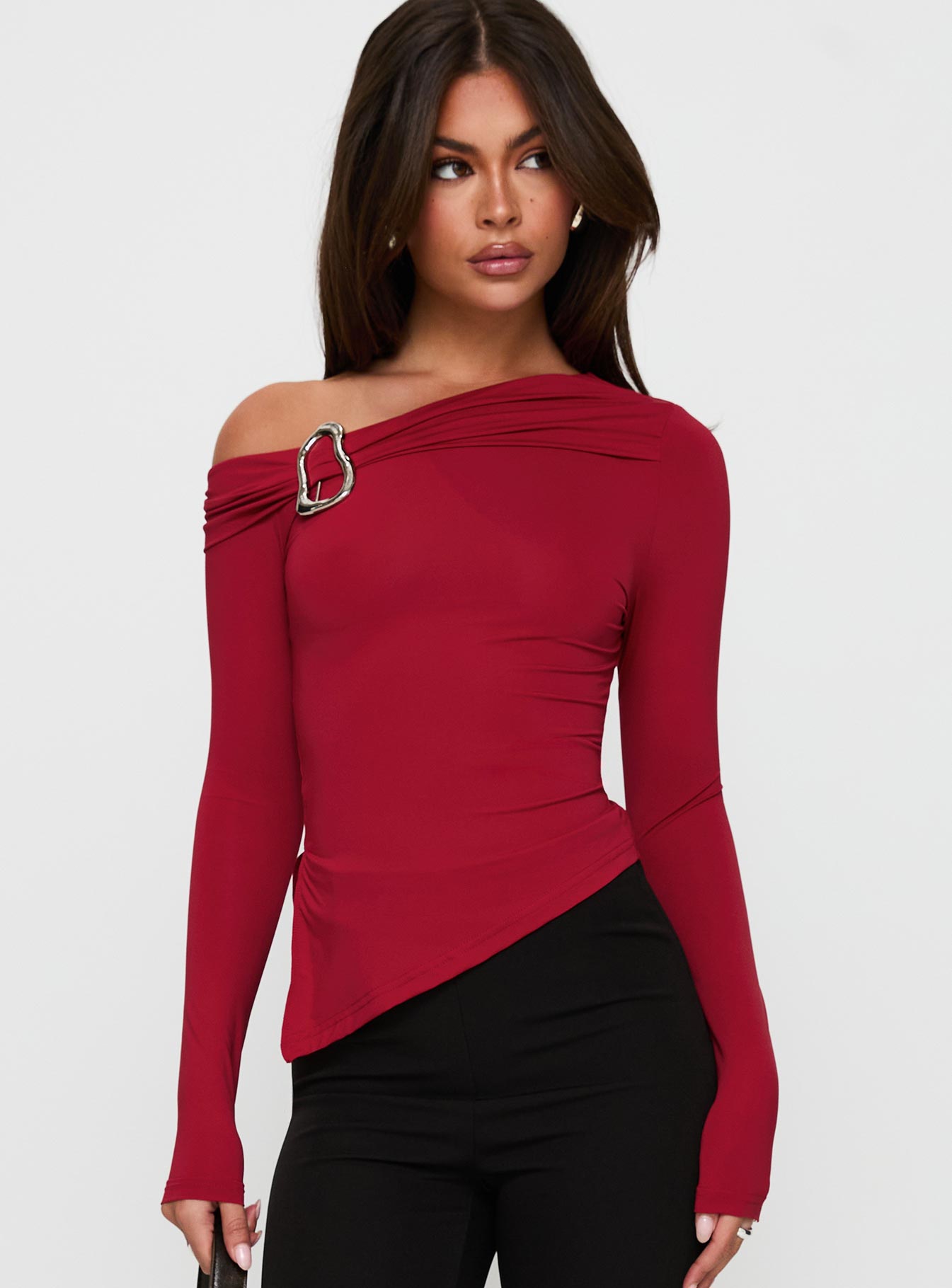 Alternative view of Donalla Off The Shoulder Hardware Detail Top Red