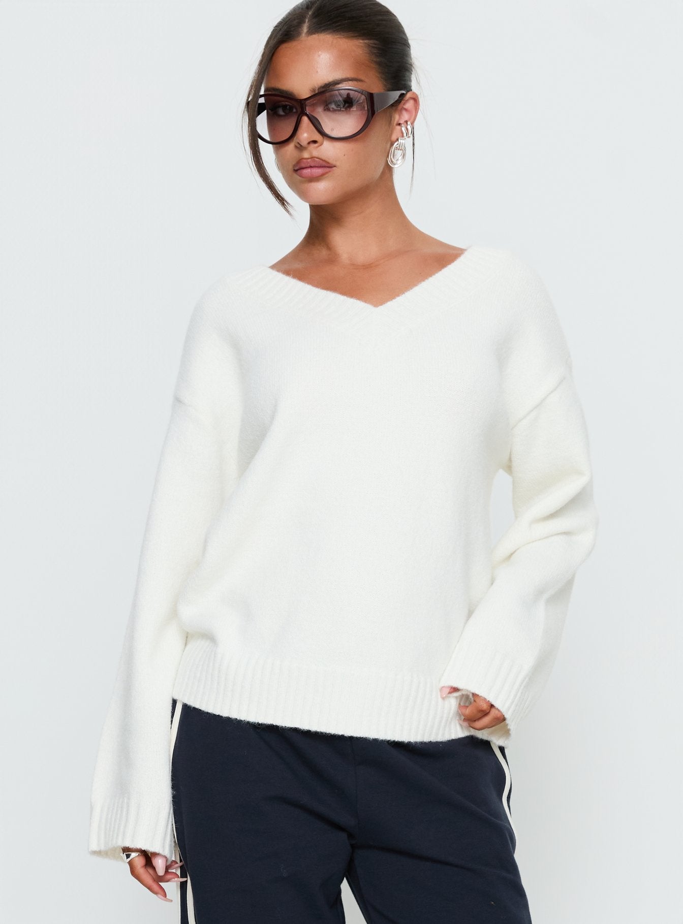 Alternative view of Kaileigh V Neck Knit Sweater Cream
