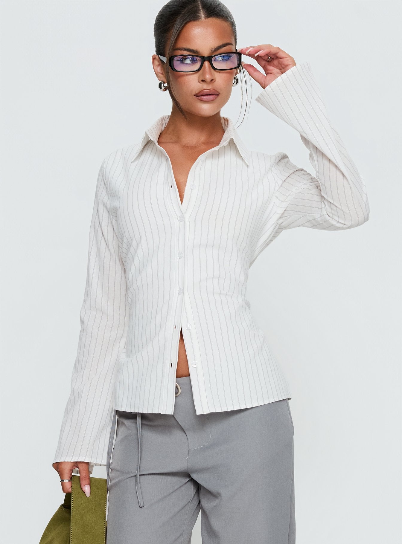 Alternative view of Eryx Tie Back Button Up Top White Pinstripe