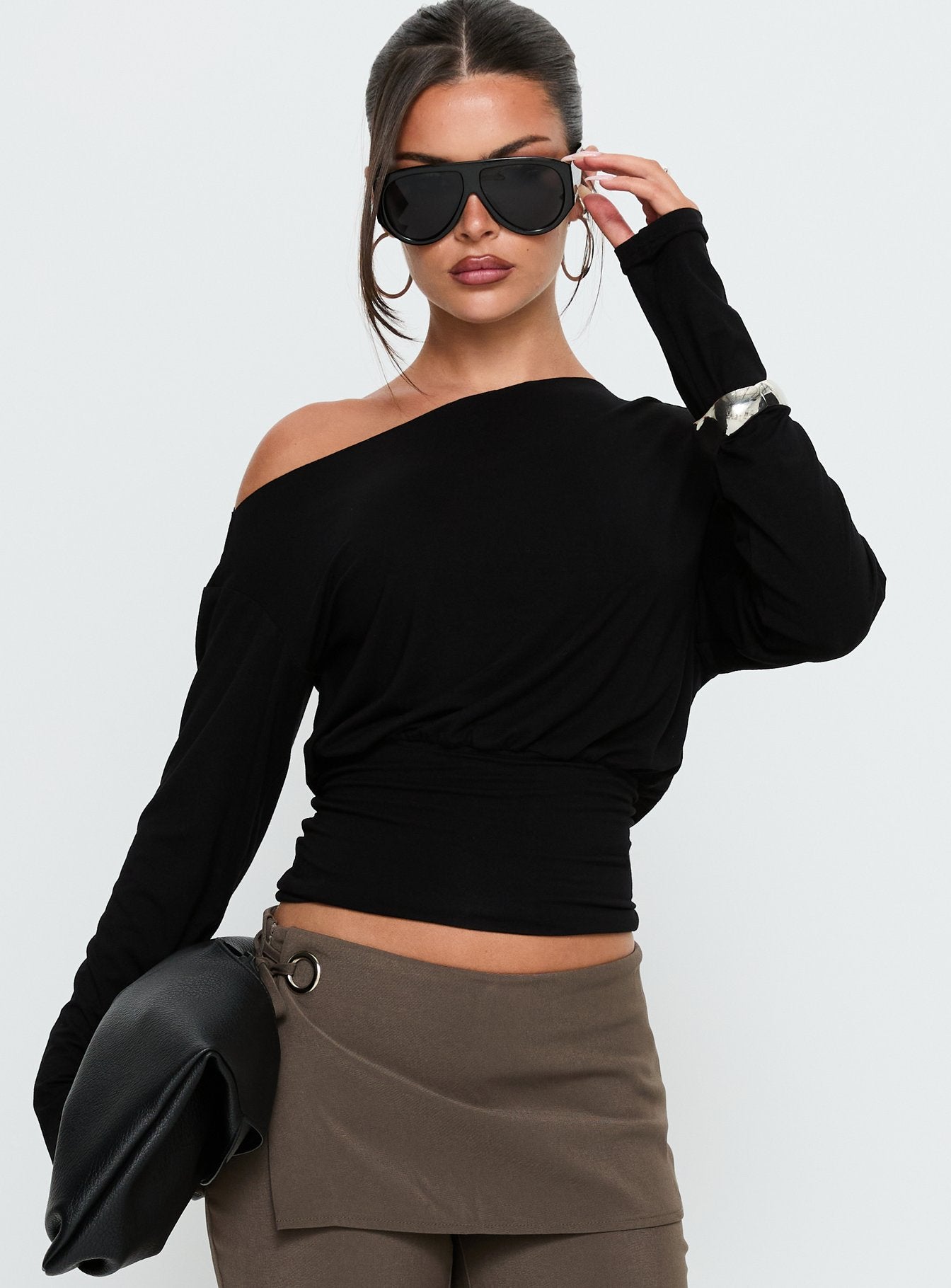 Alternative view of Ashlinn Off Shoulder Long Sleeve Drapey Top Black