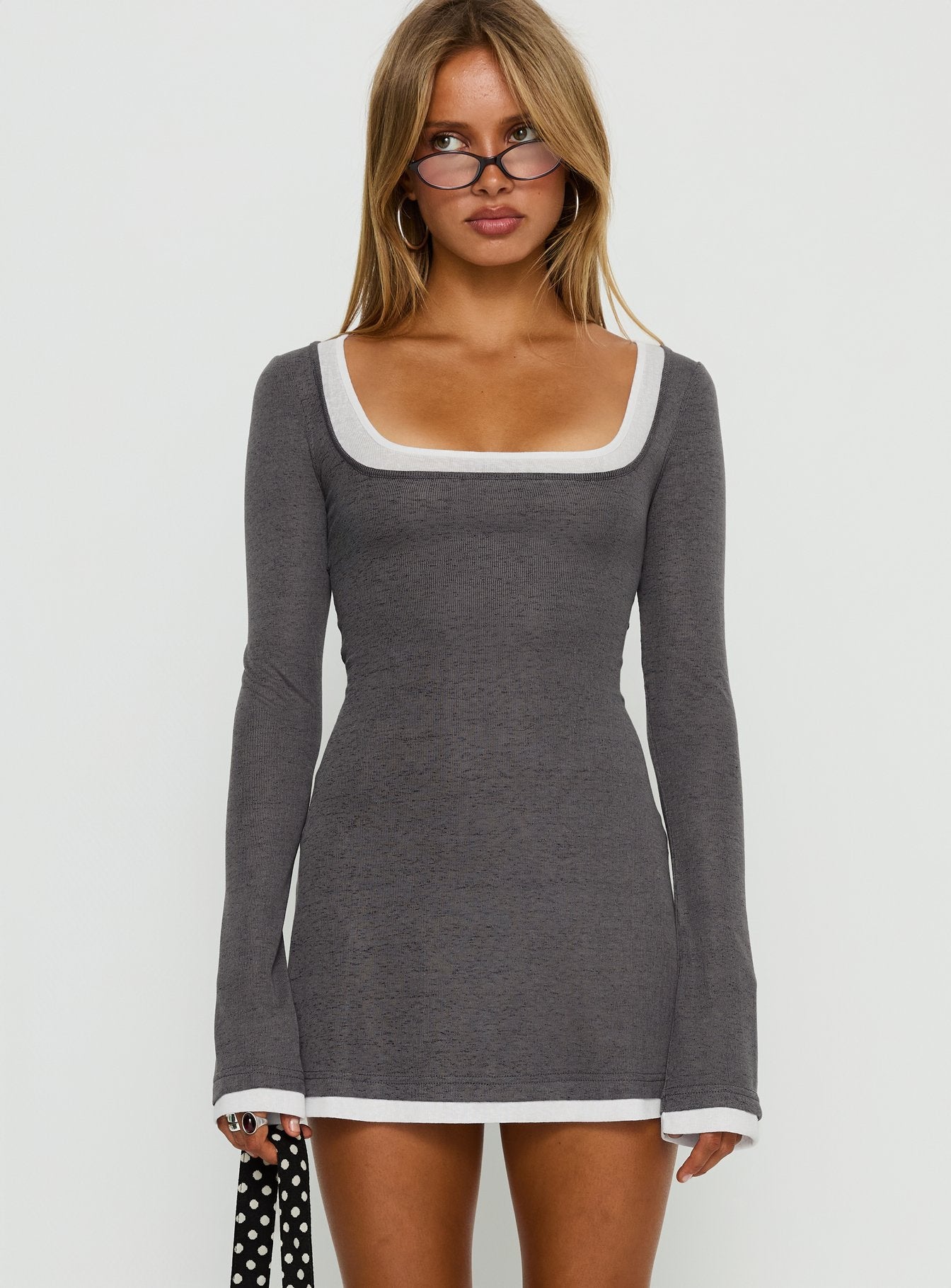 Alternative view of Adoree Long Sleeve Layered Mini Dress Grey / White