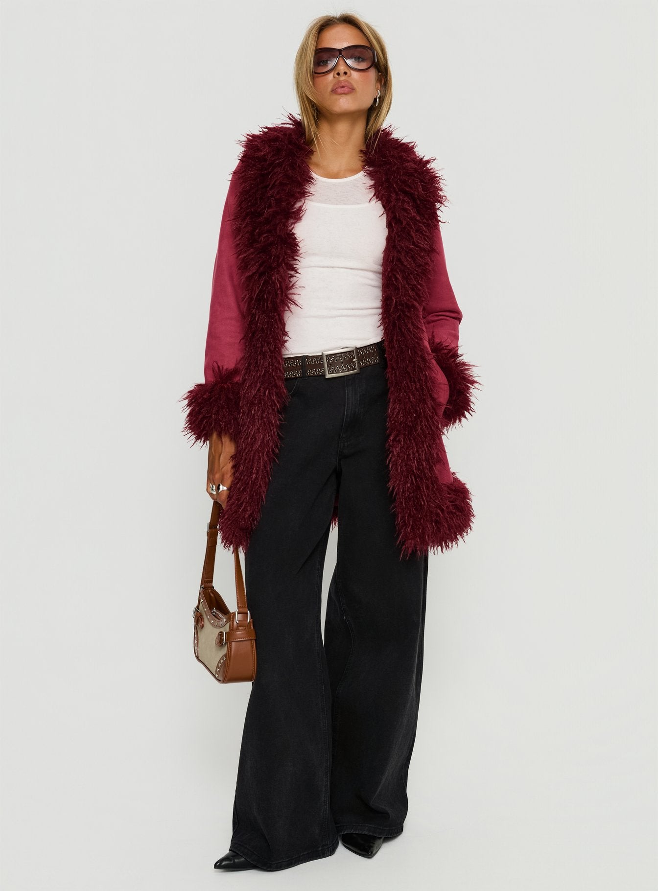 Josefina Faux Fur Detail Jacket Wine - Image 2