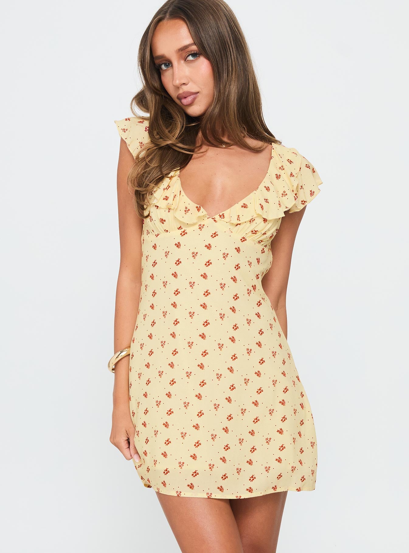Just Me And You Frill Mini Dress Yellow Floral - Image 2