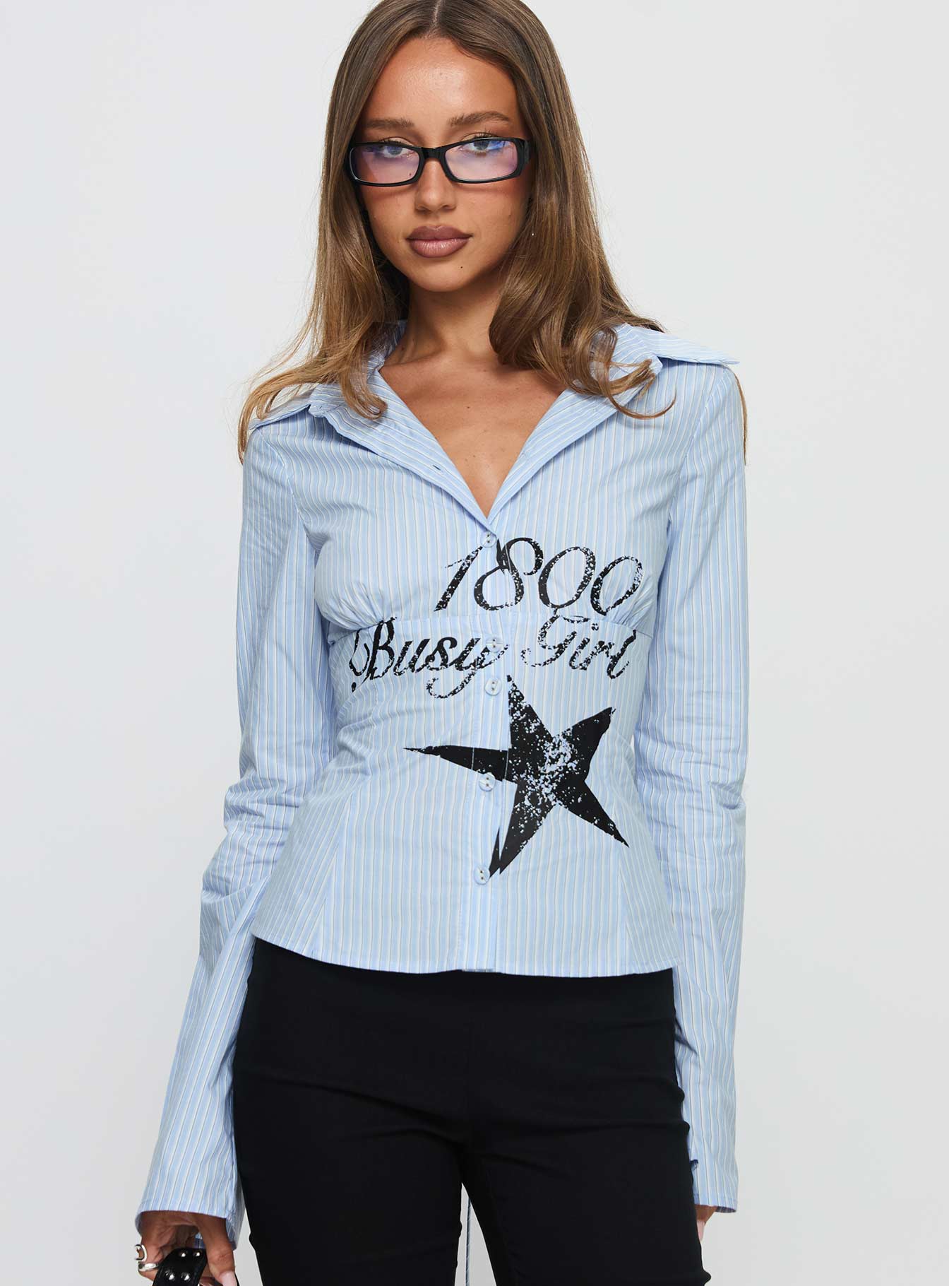 Alternative view of Busy Girl Long Sleeve Collared Top Blue Stripe