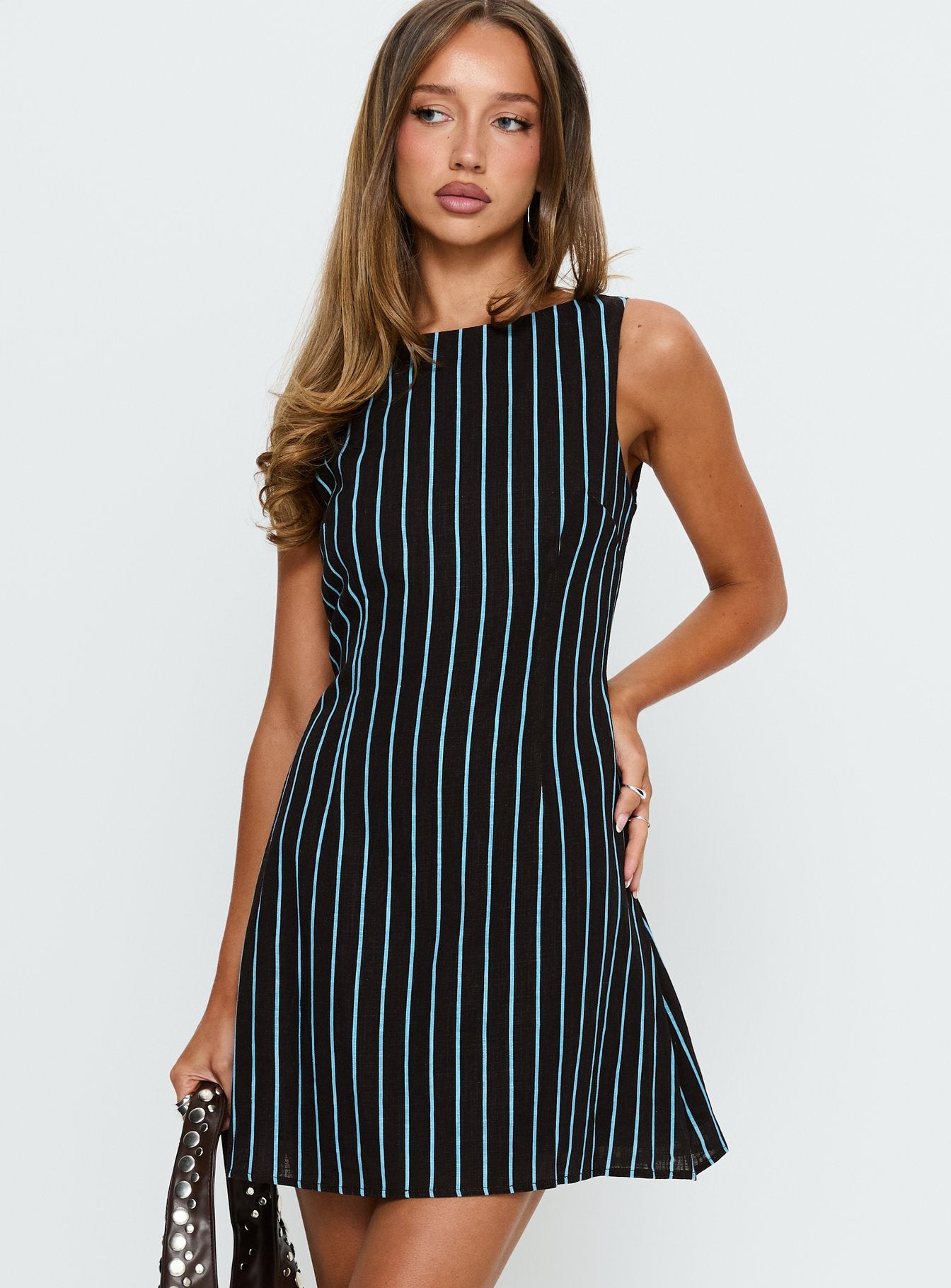 Alternative view of Alfalfa Shift Mini Dress Brown / Blue Stripe