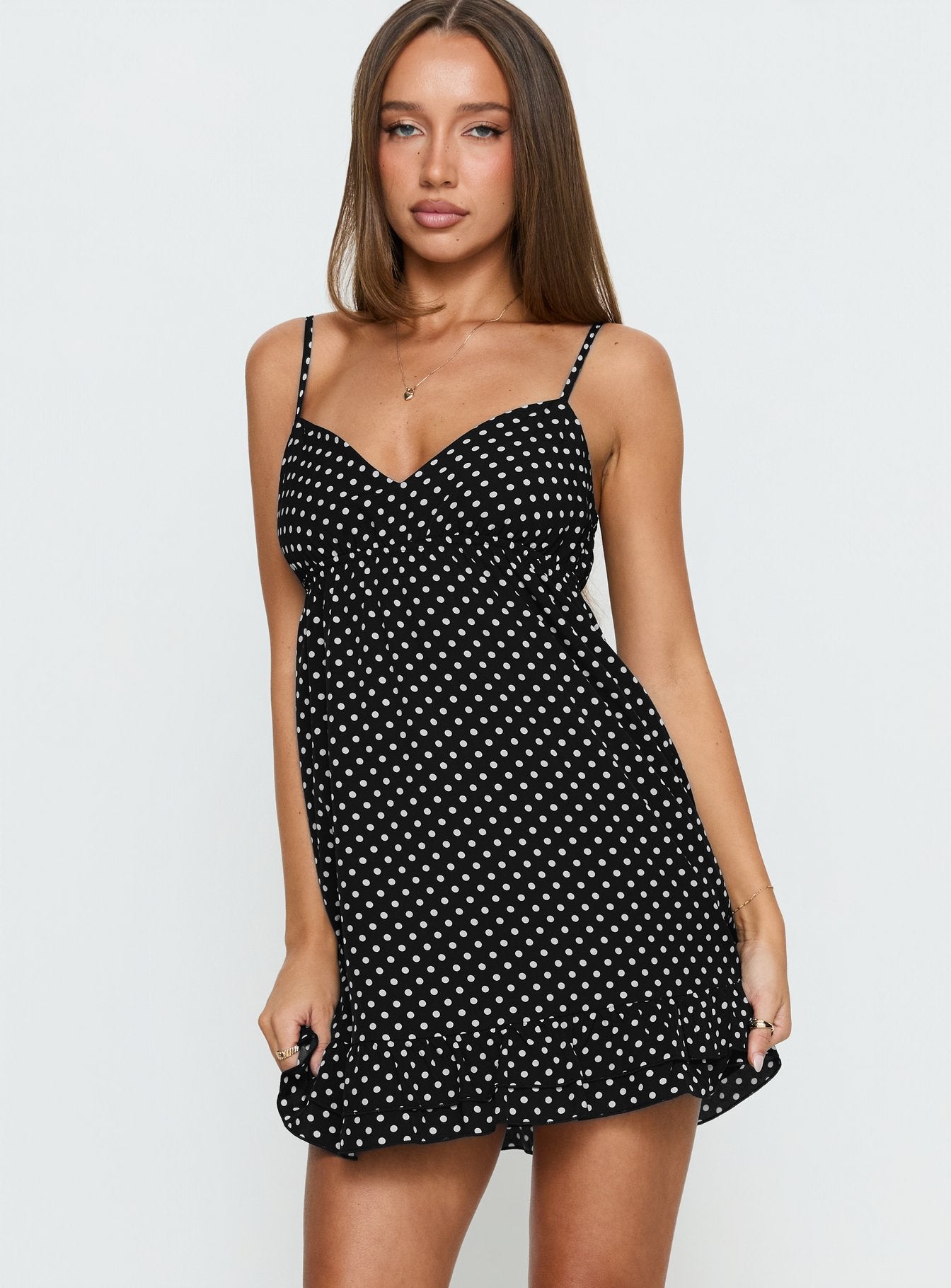 Casee V Neck Frill Mini Dress Black Polka Dot - Image 2