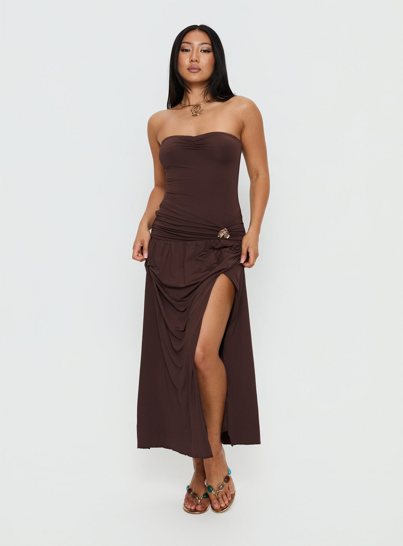 Alternative view of Alexe Strapless Ruched Maxi Dress Chocolate