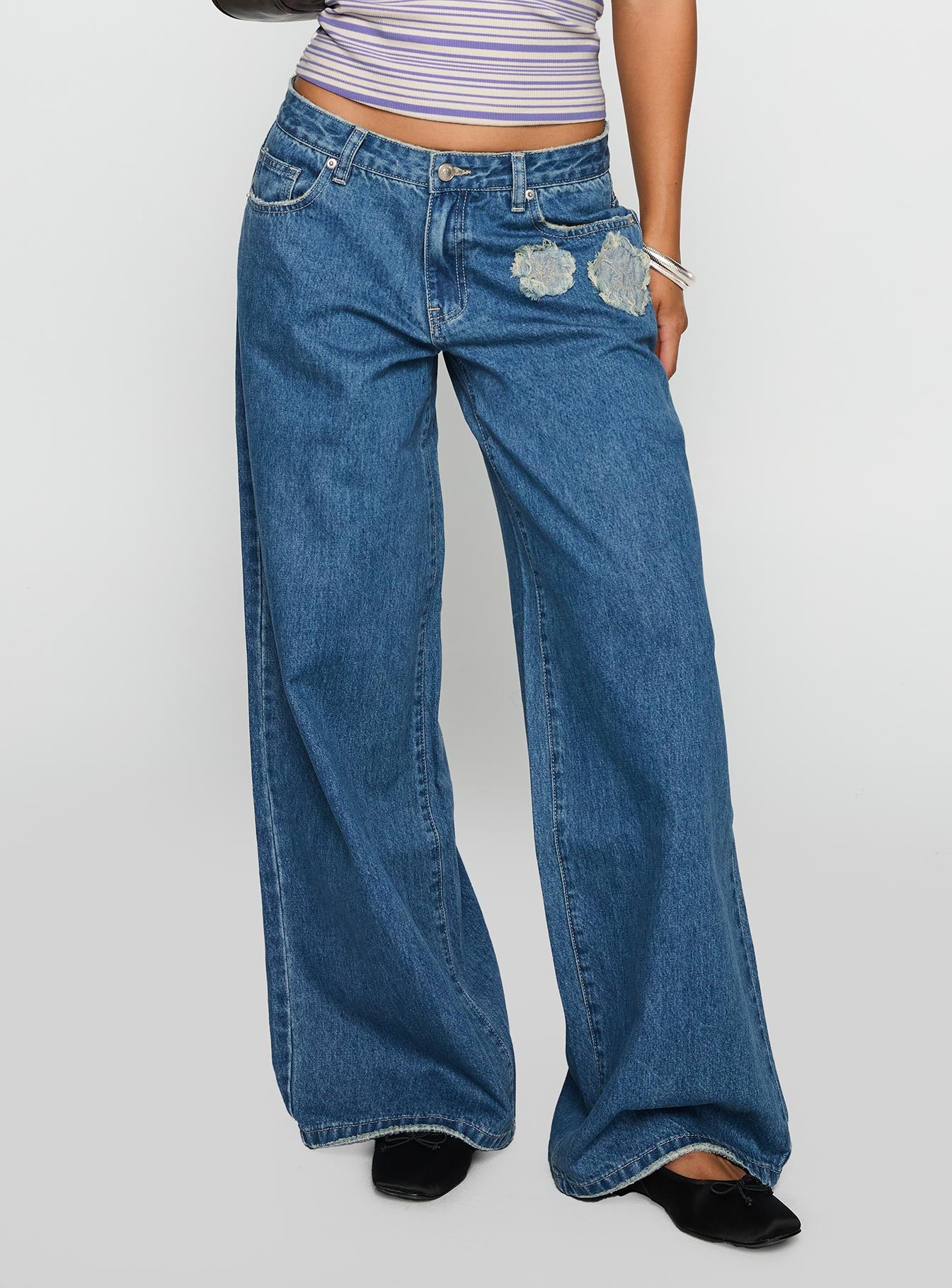 Alternative view of A Keeper Flower Patch Low Rise Wide Leg Jeans Mid Blue