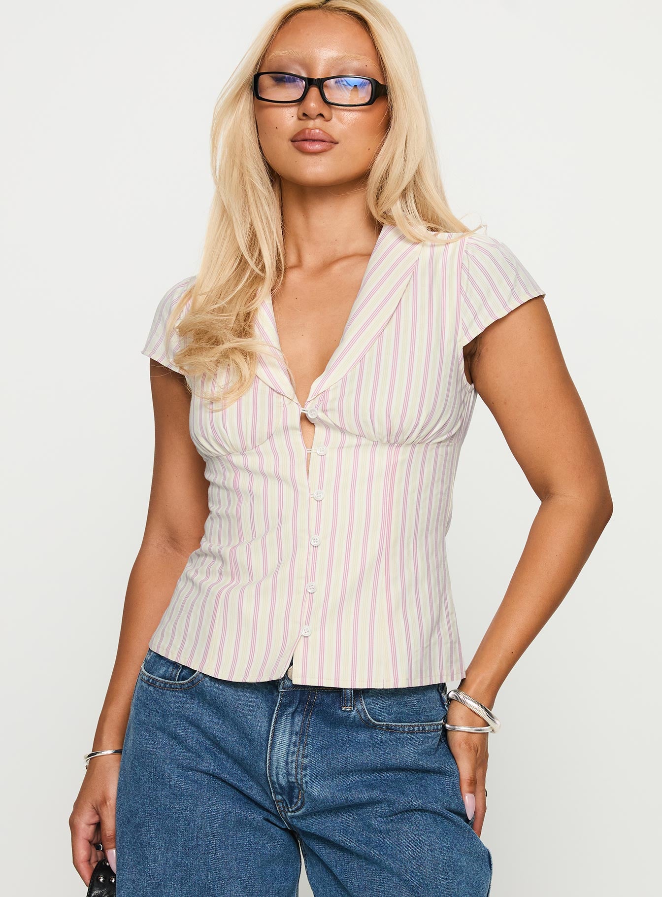 Alternative view of Ellis Island Collared Top Pink Stripe