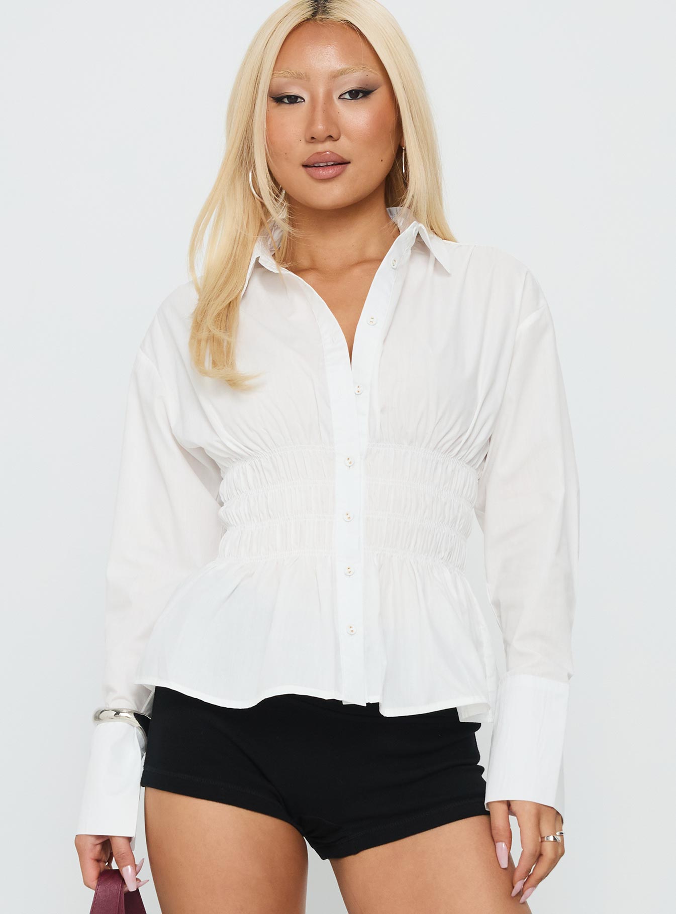 Alternative view of As You Are Shirred Button Up Top White