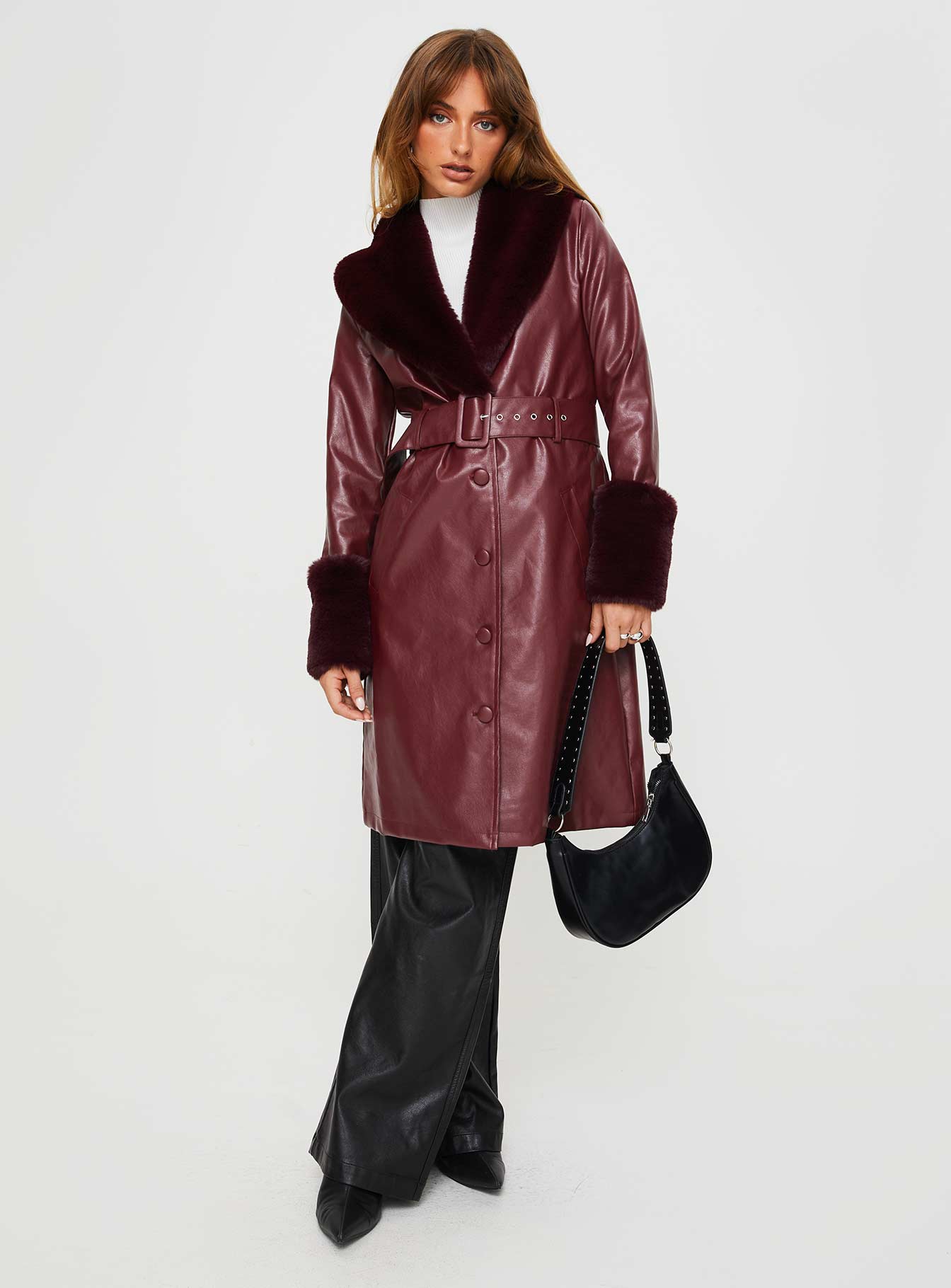 Alternative view of Brooklyn Faux Leather Longline Coat Burgundy