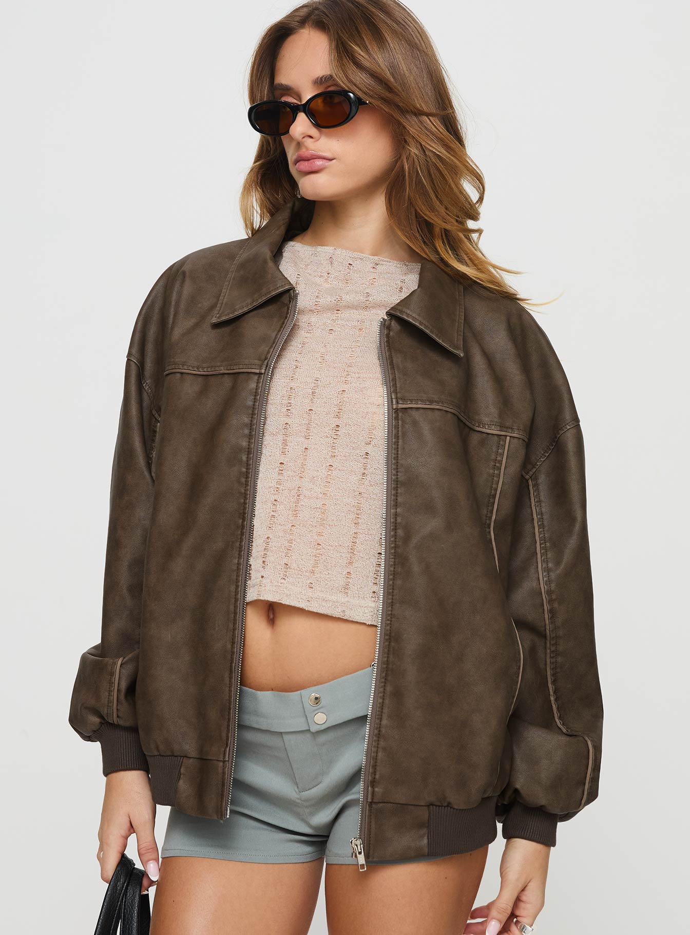 Alternative view of Goldsmith Faux Leather Bomber Jacket Washed Dark Brown
