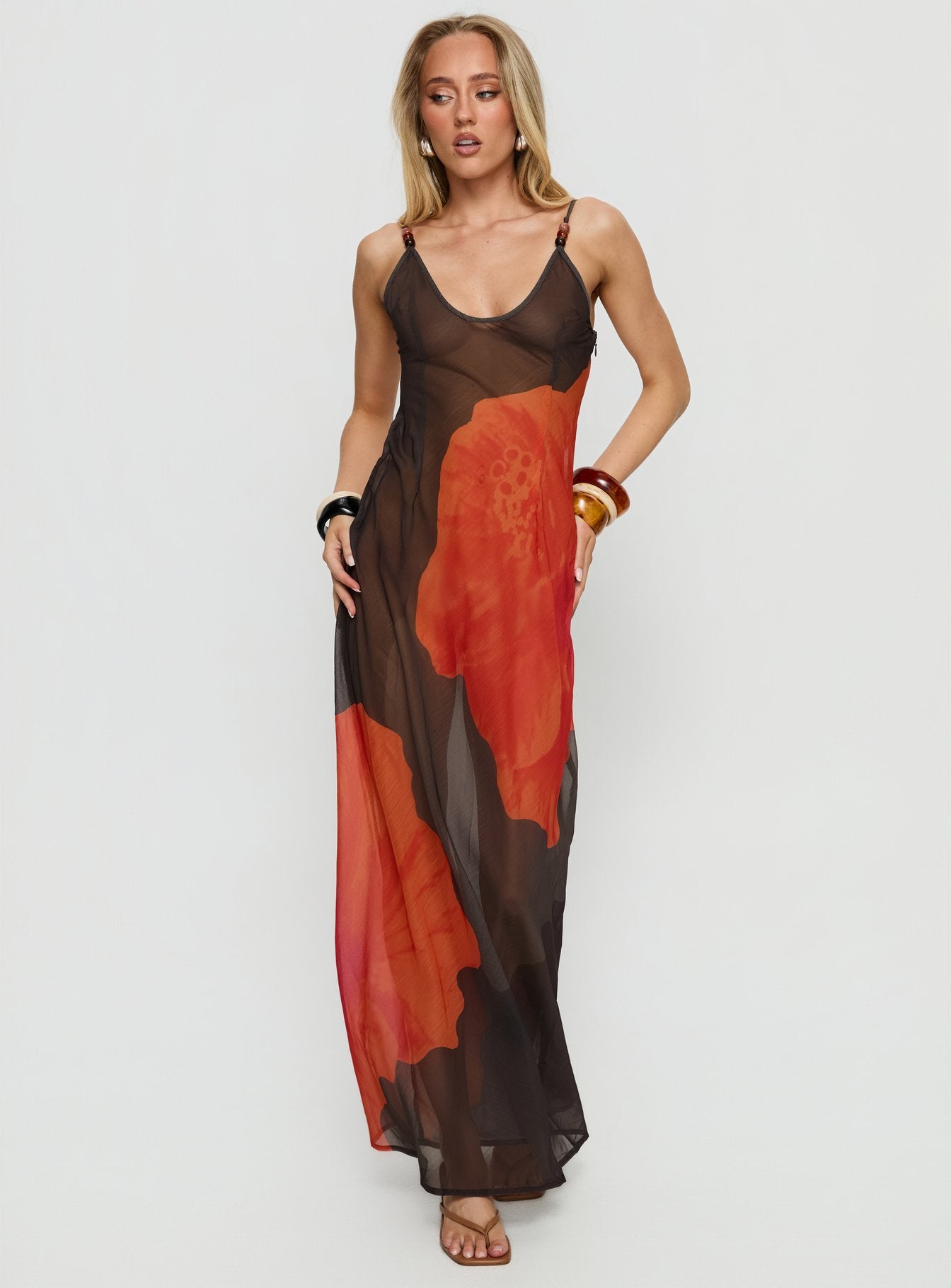 Alternative view of Carita Sheer Chiffon Maxi Dress Brown / Orange Floral