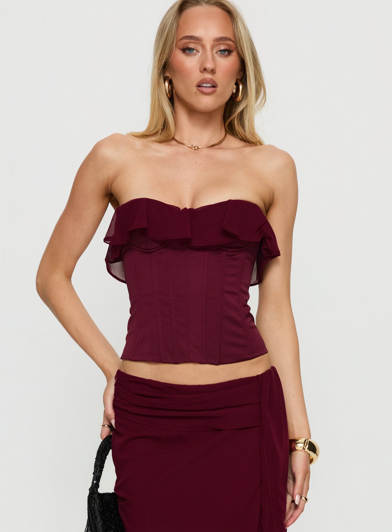 Alternative view of Holliann Strapless Frill Corset Top Wine