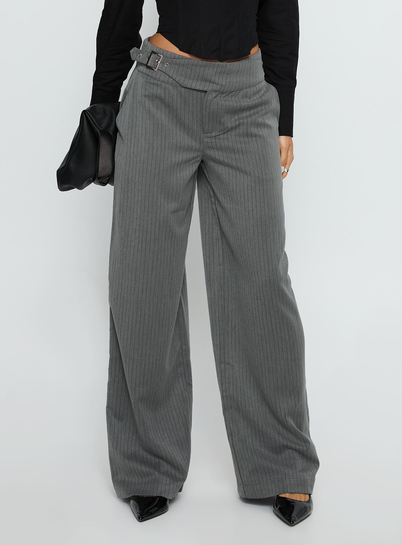 Alternative view of Jinny Relaxed Buckle Tailored Pants Grey Pinstripe