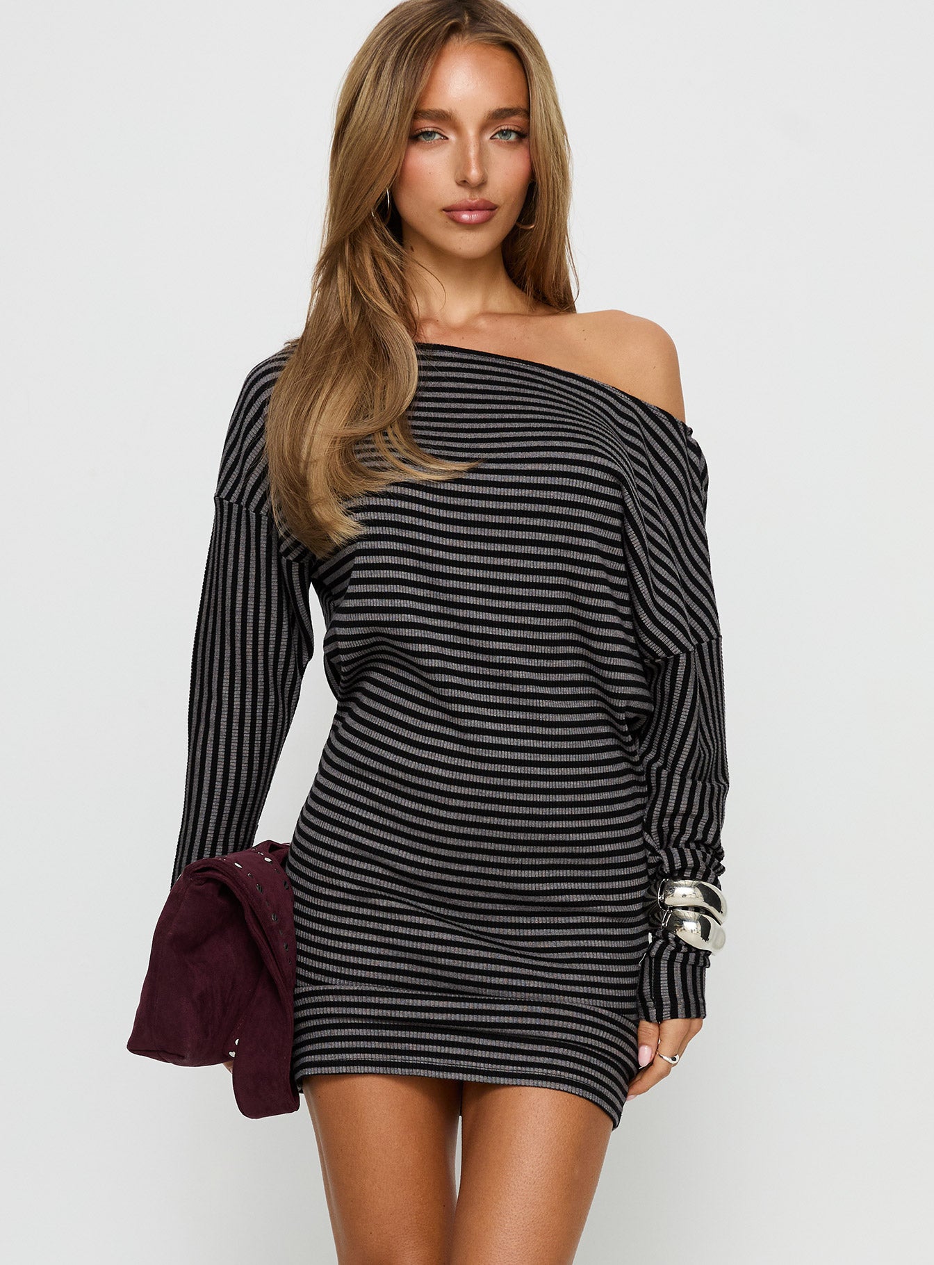 Alternative view of Alayne Long Sleeve Knit Mini Dress Black / Grey Stripe
