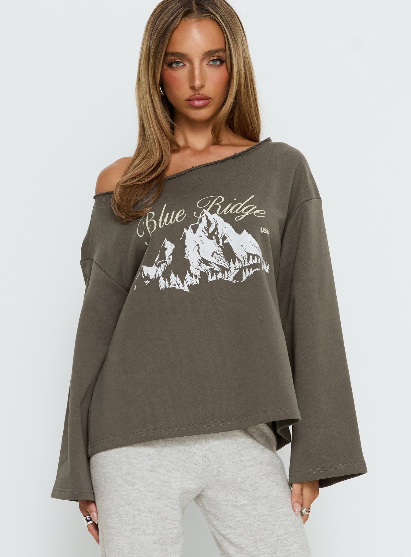 Alternative view of Blue Ridge Mountains Off Shoulder Graphic Sweater Grey