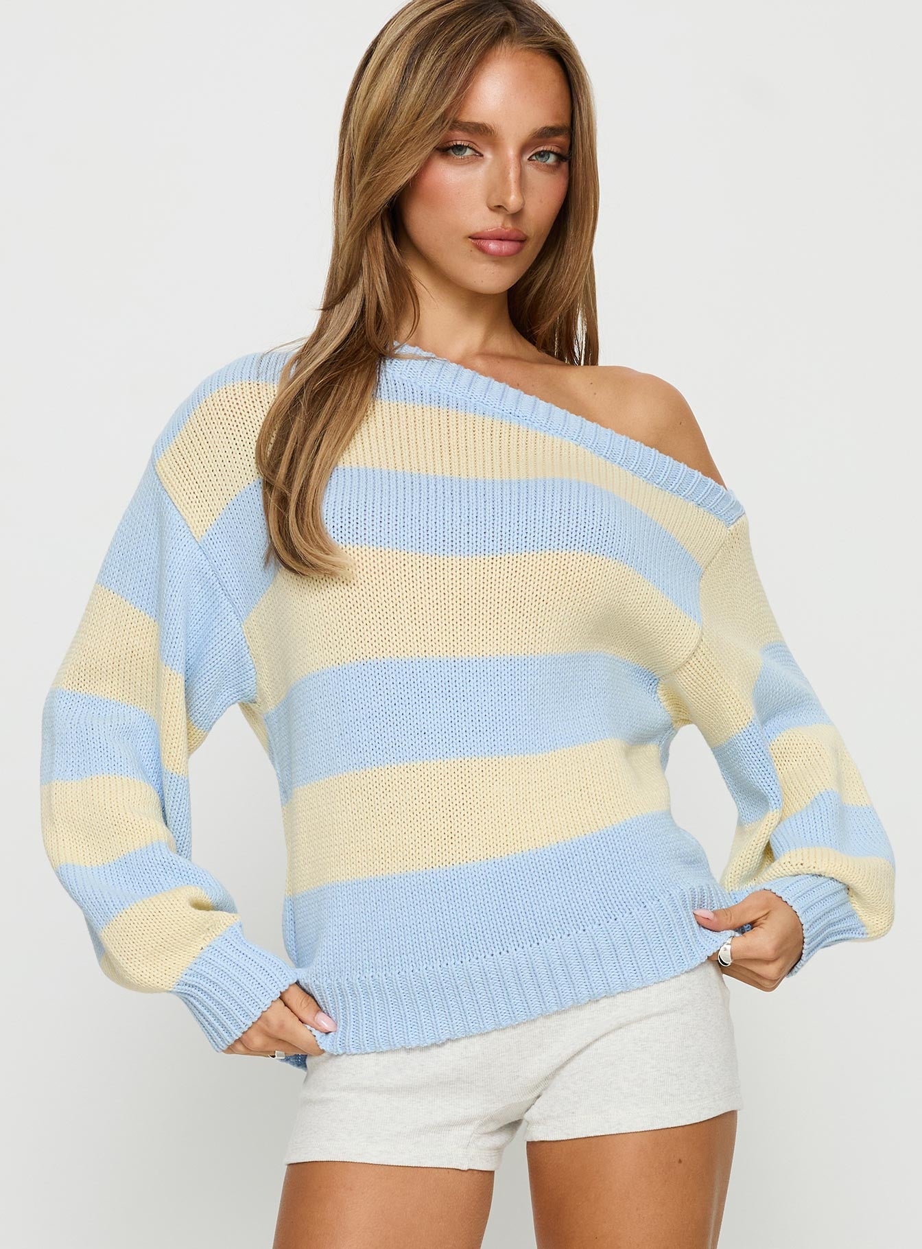 Alternative view of Alvena Off Shoulder Knit Sweater Blue Stripe