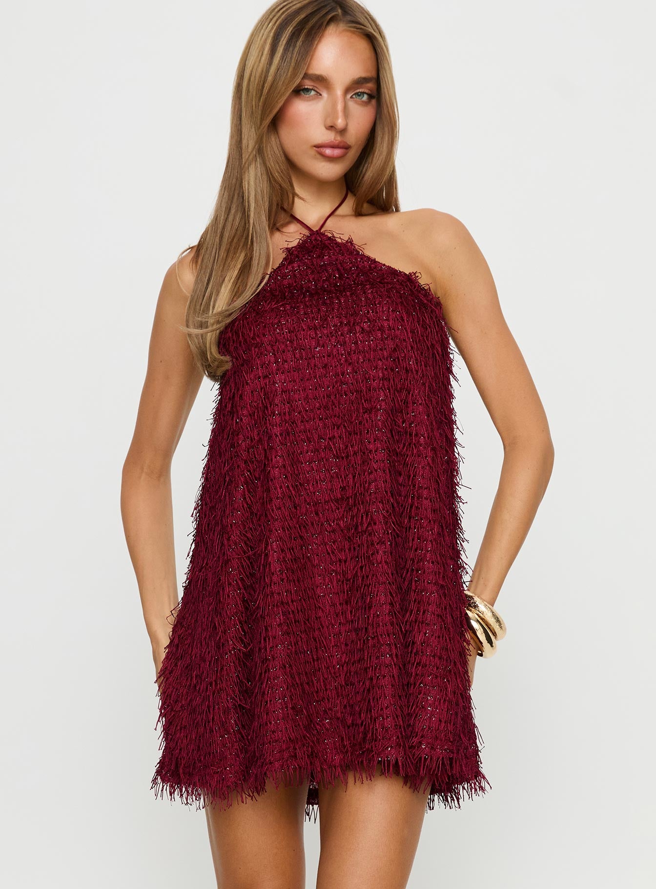 Alternative view of Koressa Halter Fringe Mini Dress Burgundy