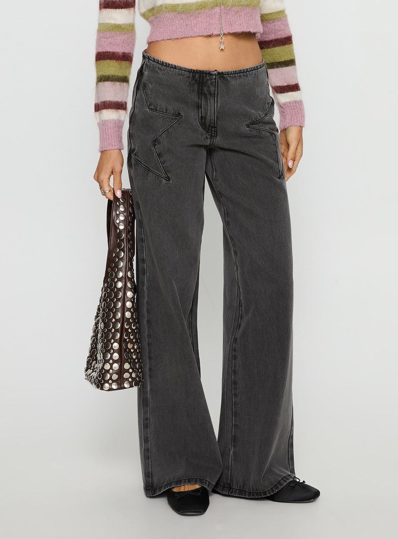Alternative view of Dolley Star Stitch Mid Rise Wide Leg Jean Grey Wash