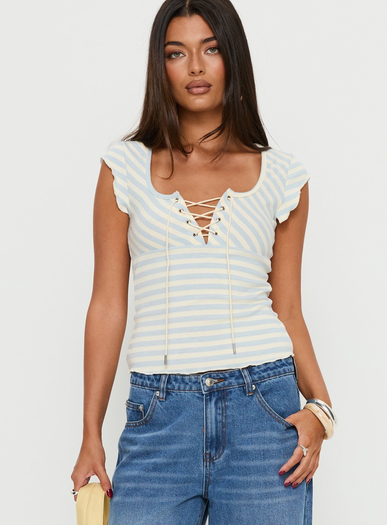 Alternative view of Jacenda Tie Up Short Sleeve Top Blue Stripe
