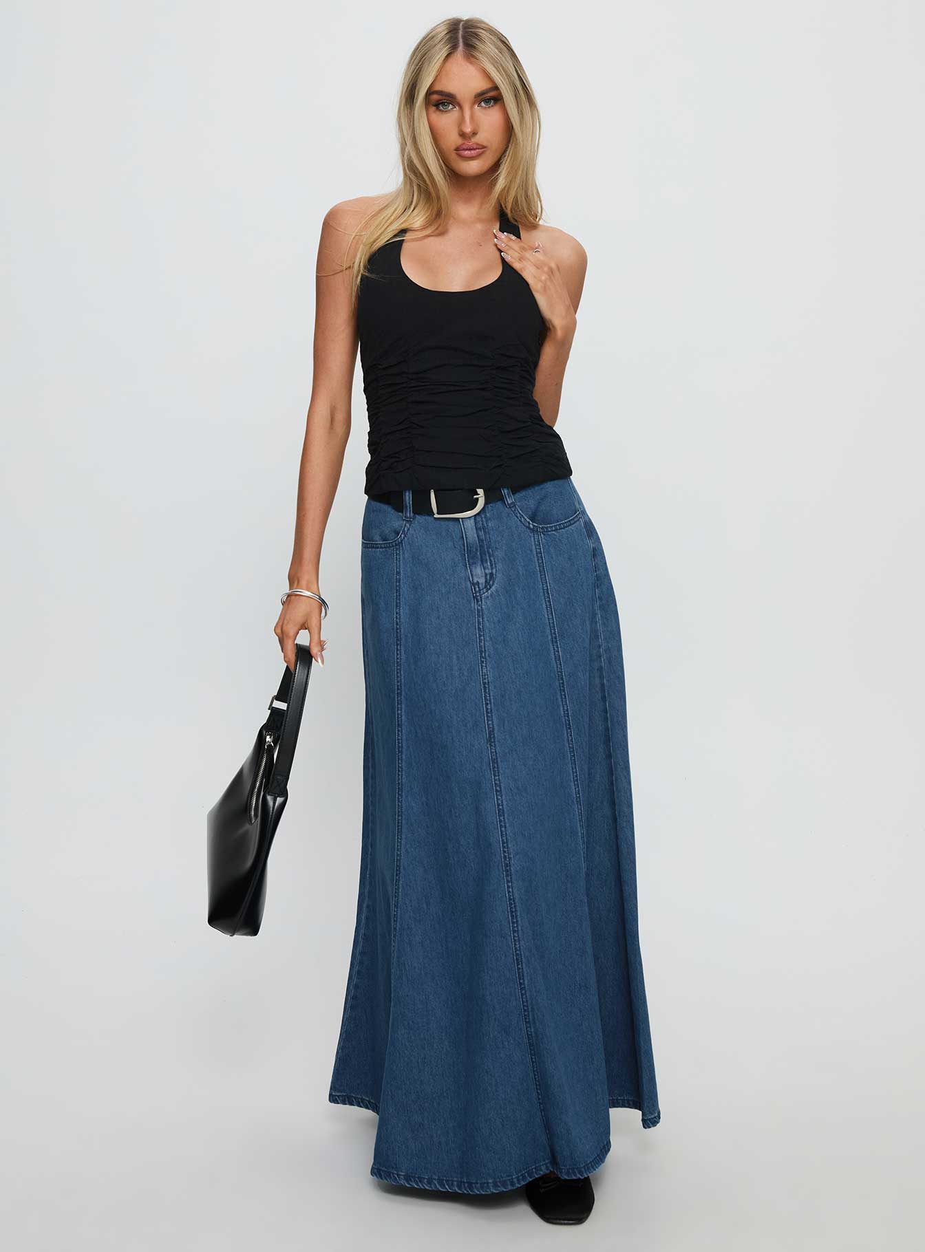 Alternative view of Charleigh Soft Pleat Denim Maxi Skirt Mid Blue Wash