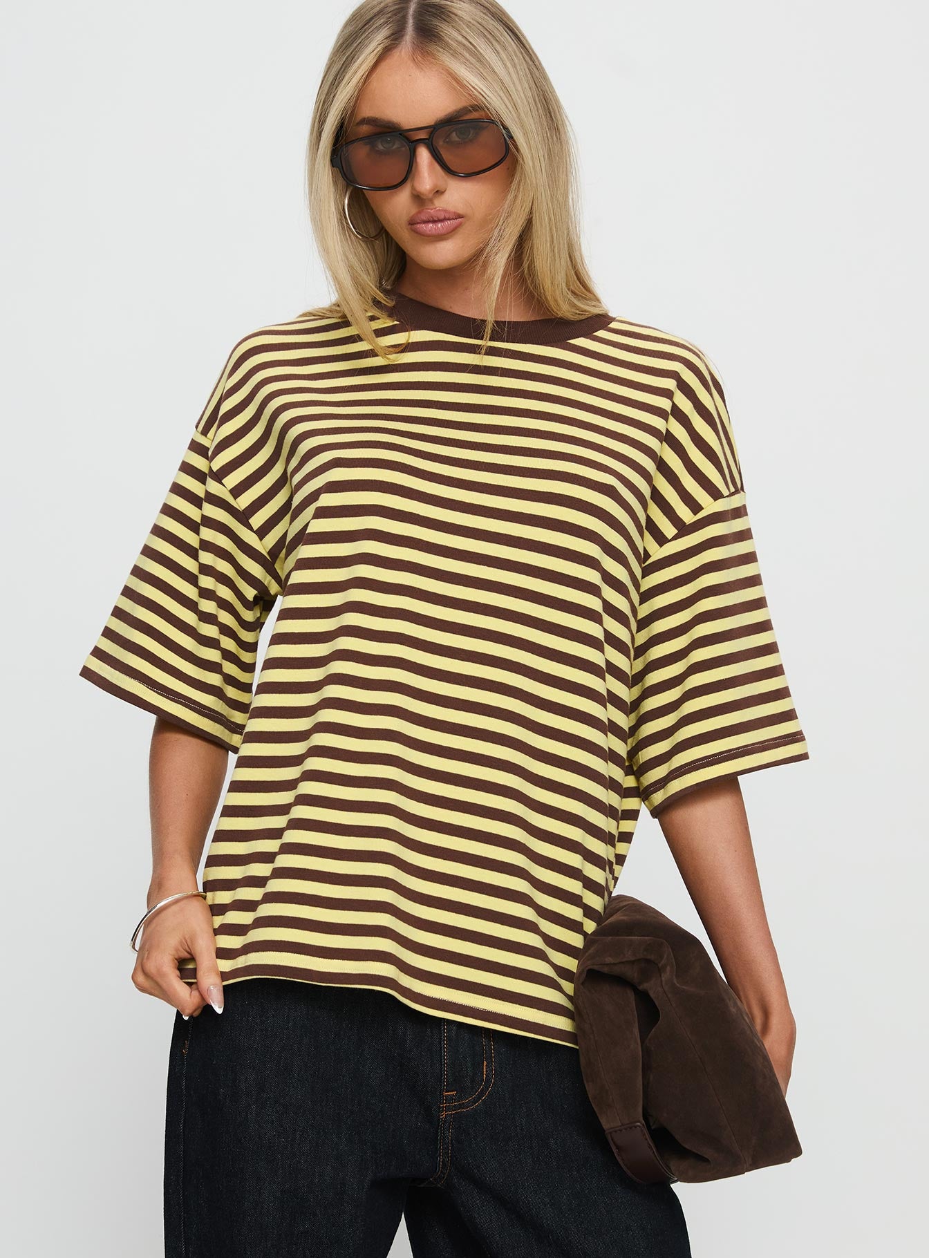 Settle Down Short Sleeve Top Yellow / Brown Stripe - Image 2
