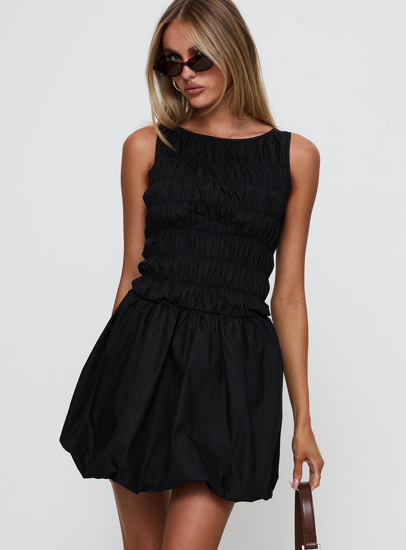 Alternative view of Demure Shirred Bubble Hem Mini Dress Black