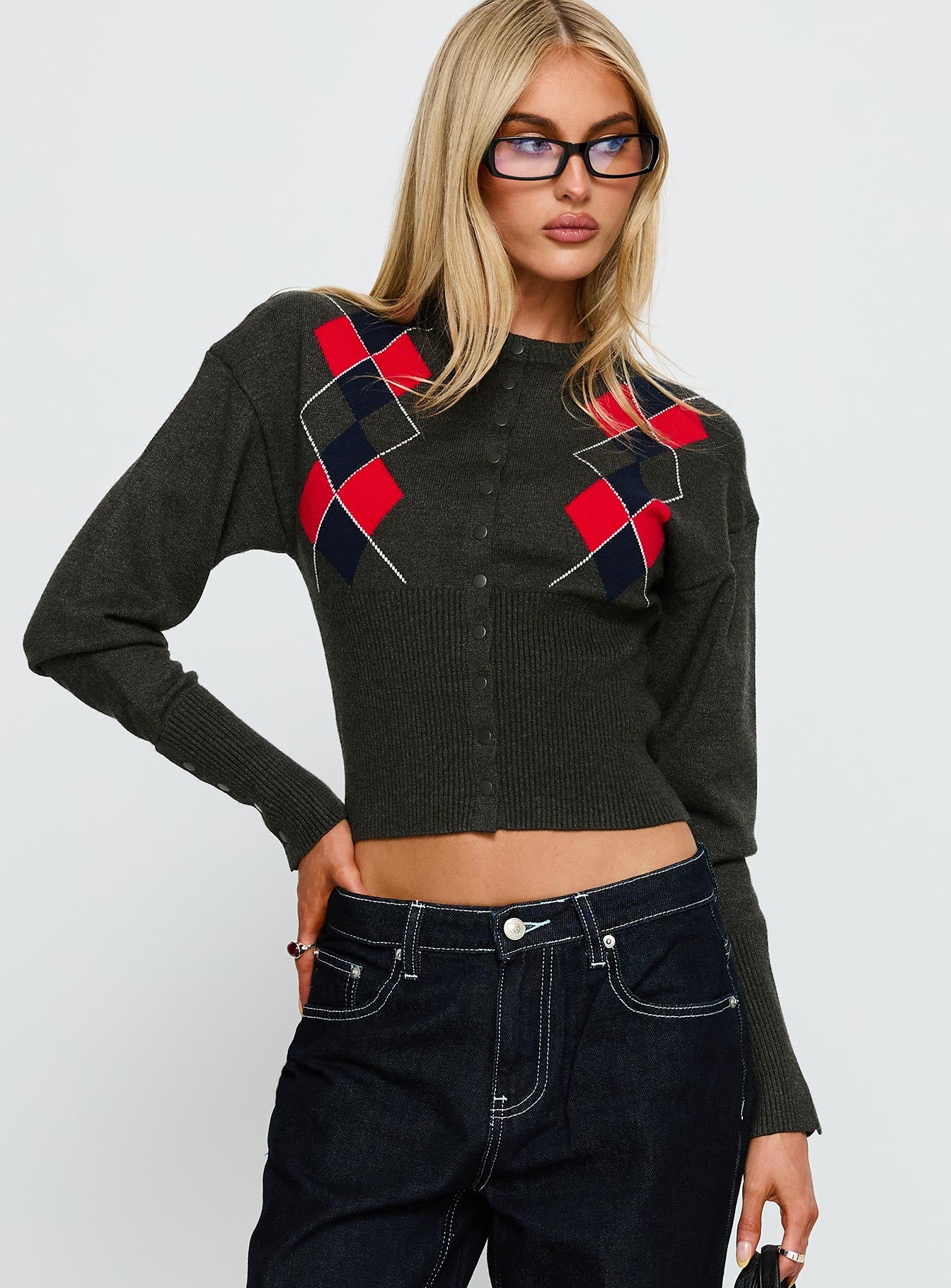 Alternative view of Head In The Clouds Knit Cardigan Grey Argyle