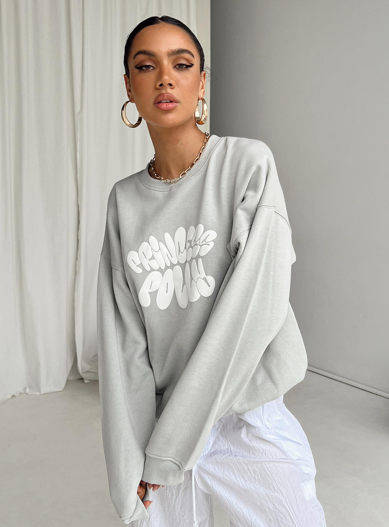 Alternative view of Princess Polly Crew Neck Sweatshirt Bubble Text Grey / Cloud White