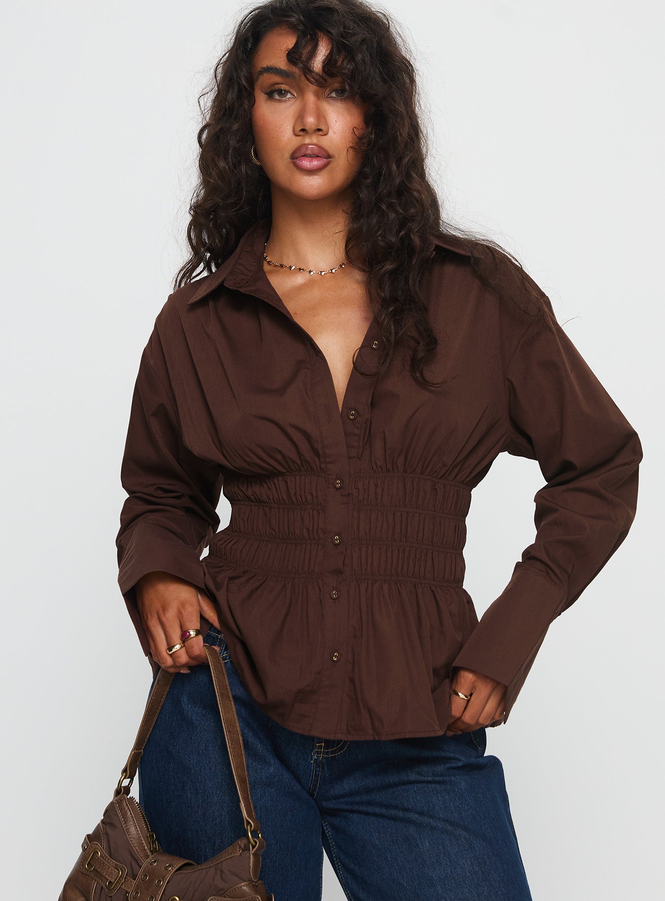 Alternative view of As You Are Shirred Button Up Top Chocolate