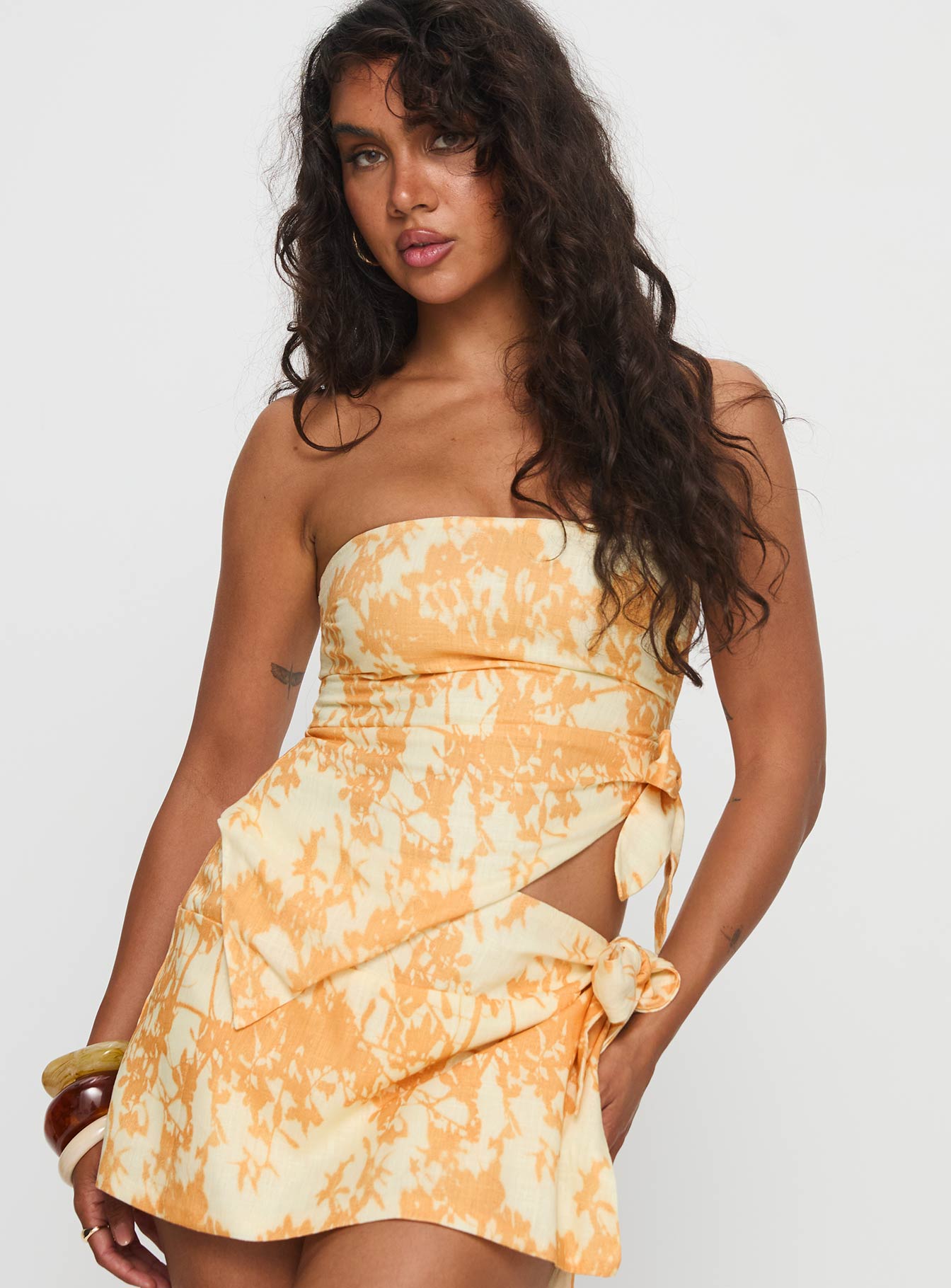 Alternative view of High Vibration Strapless Wrap Top Orange Multi