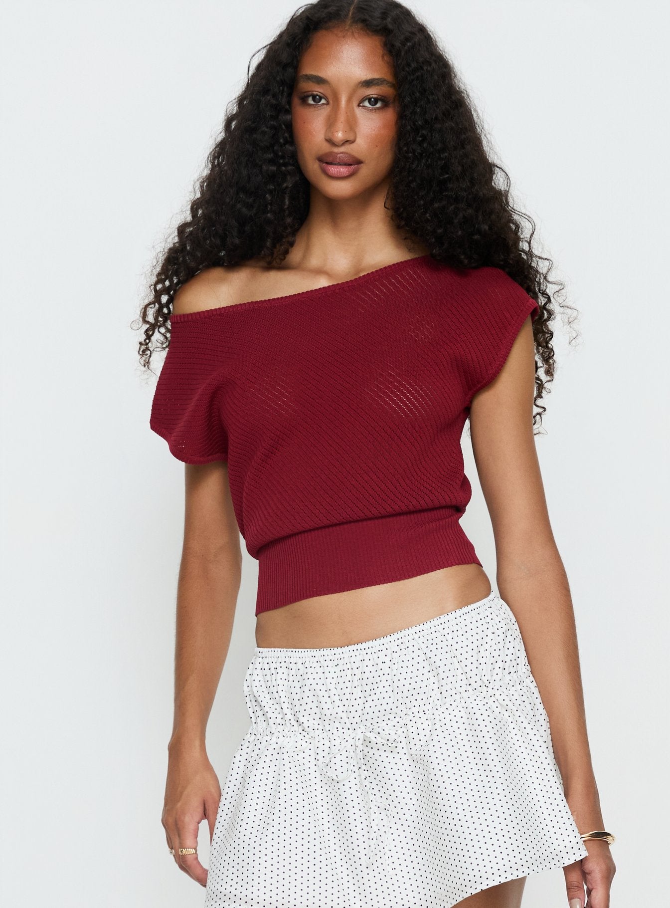 Alternative view of Cloud Tempo Boat Neck Cinched Knit Top Wine