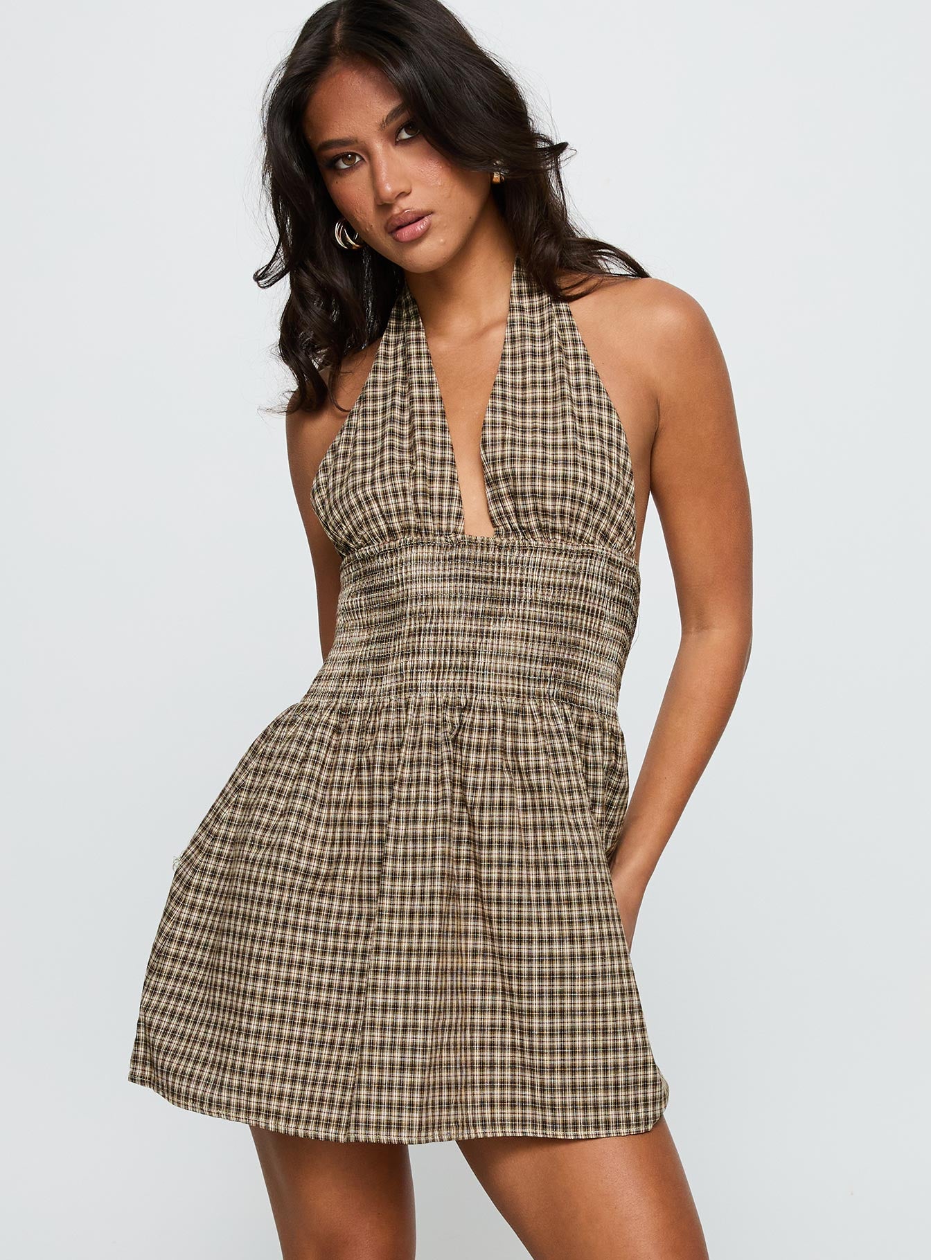 Alternative view of Juanette Halter Mini Dress Brown Check