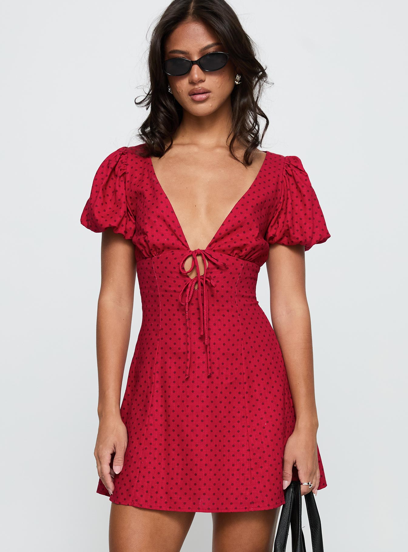 Alternative view of Beloved Puff Sleeve Linen Blend Mini Dress Red Polka