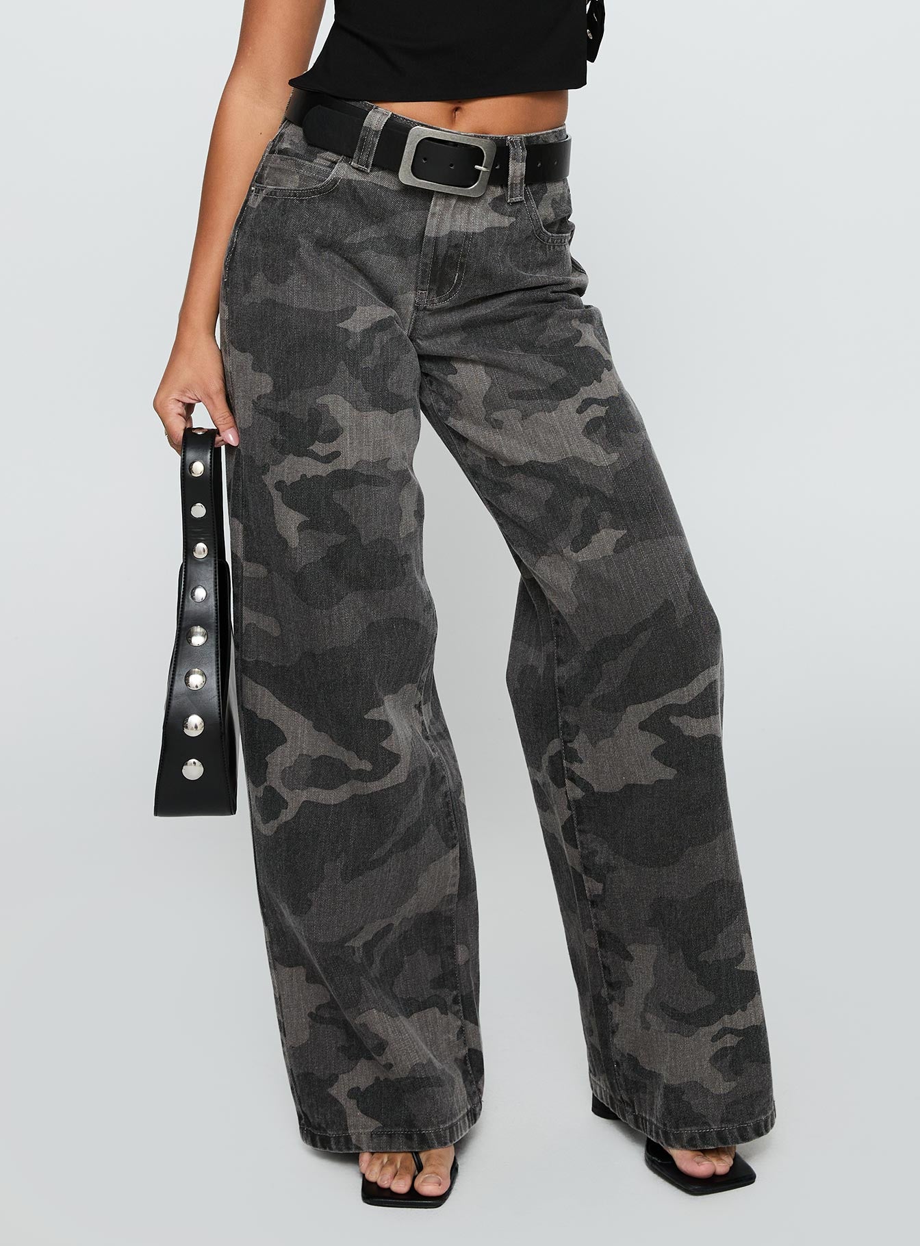 Alternative view of Big Talk Mid Rise Straight Leg Jeans Grey Washed Camo