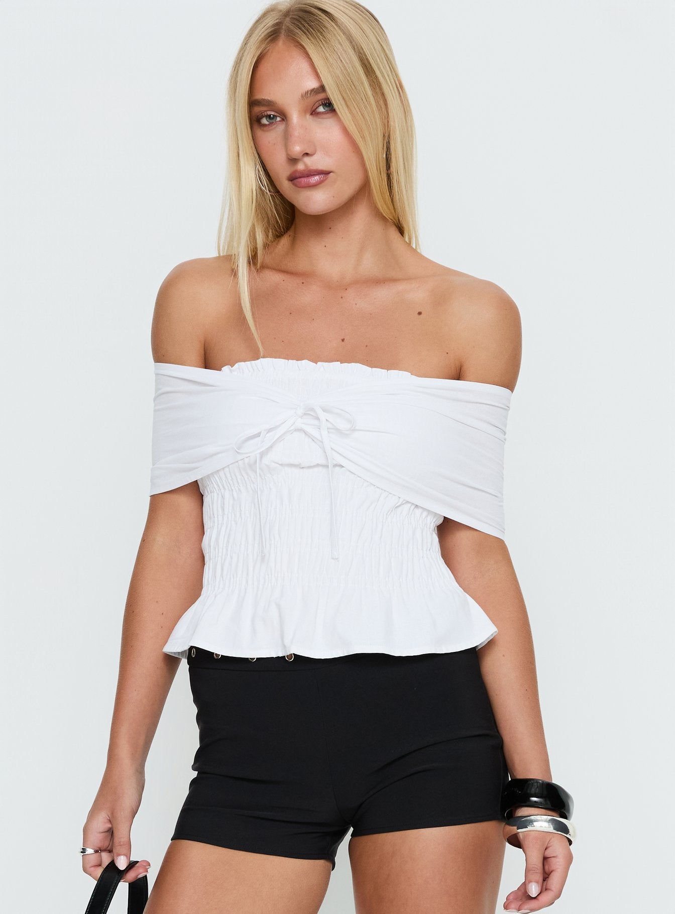Alternative view of Avalynn Off Shoulder Shirred Top White