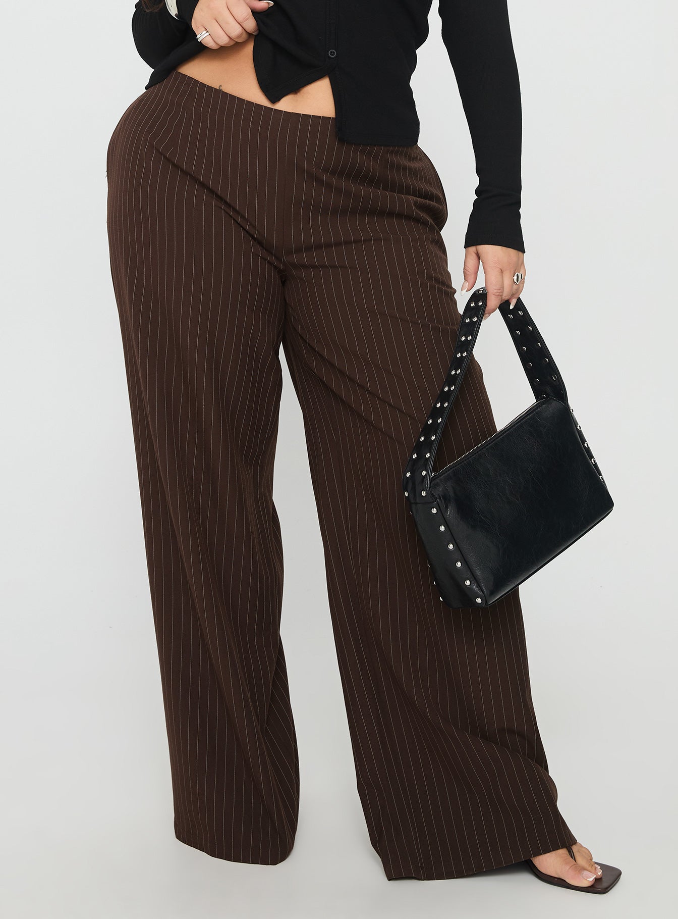 Alternative view of Khane Low Rise Wide Leg Pant Brown Pinstripe Curve