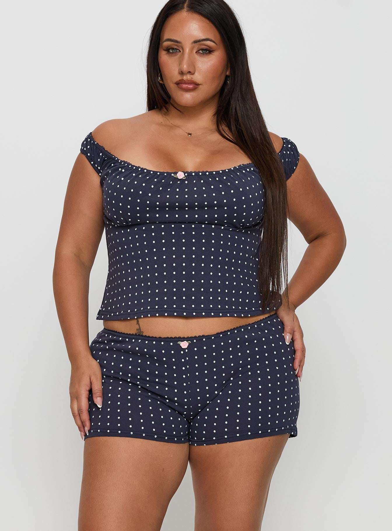 Alternative view of Drift Away Off The Shoulder Sleep Set Navy Dot Curve