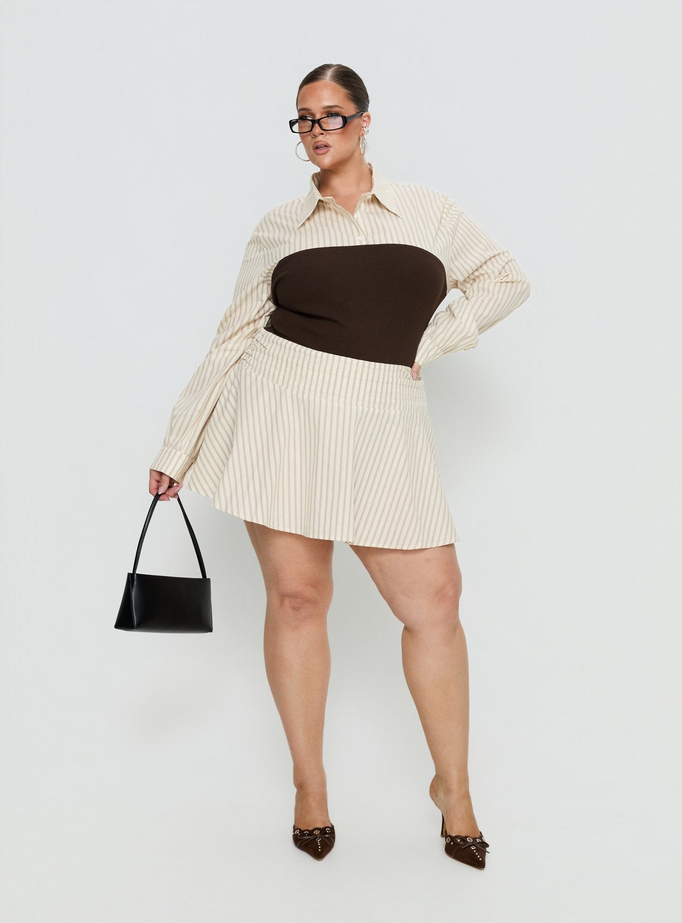 Belva Long Sleeve Corset Shirt Mini Dress Brown Stripe Curve - Image 3