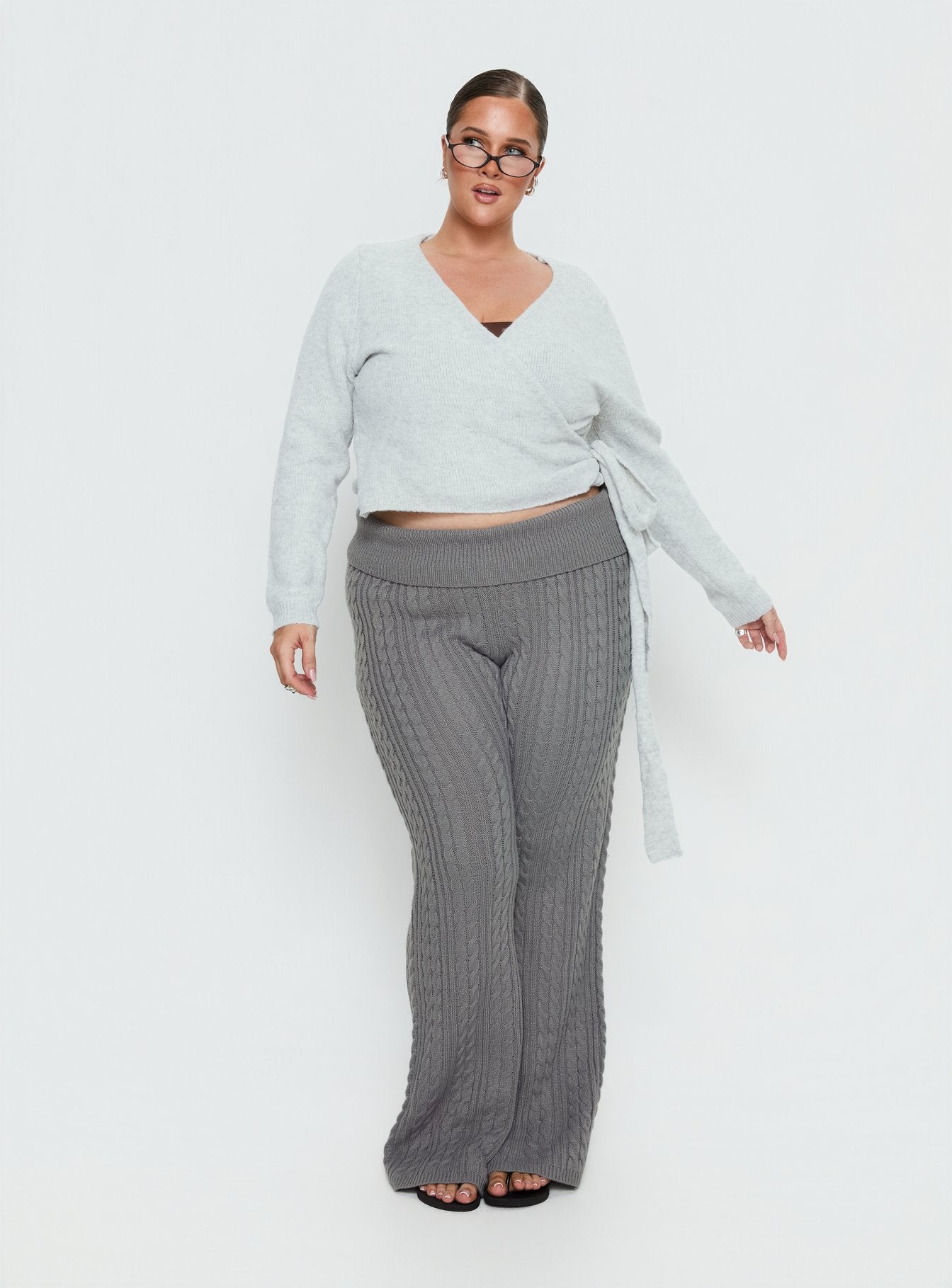 Baleigh Cable Knit Foldover Pants Grey Curve - Image 3