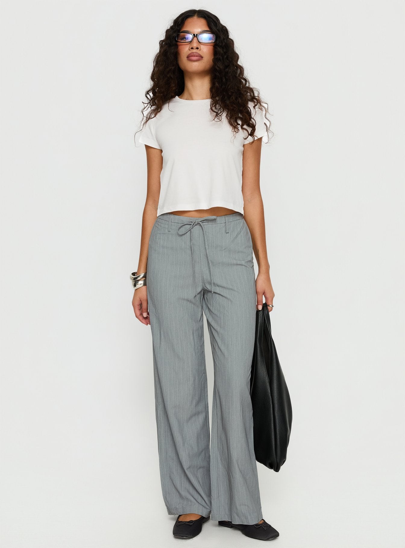 Alternative view of Idolised Tie Waist Pant Grey Pinstripe
