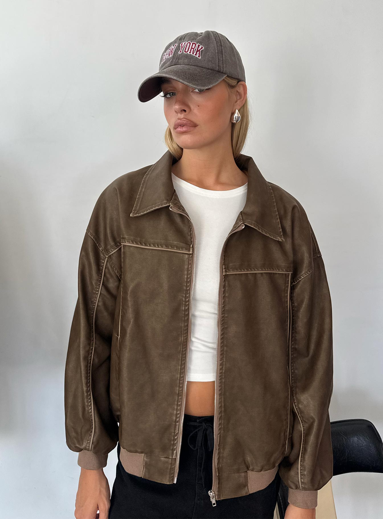 Goldsmith Faux Leather Bomber Jacket Washed Dark Brown - Image 10