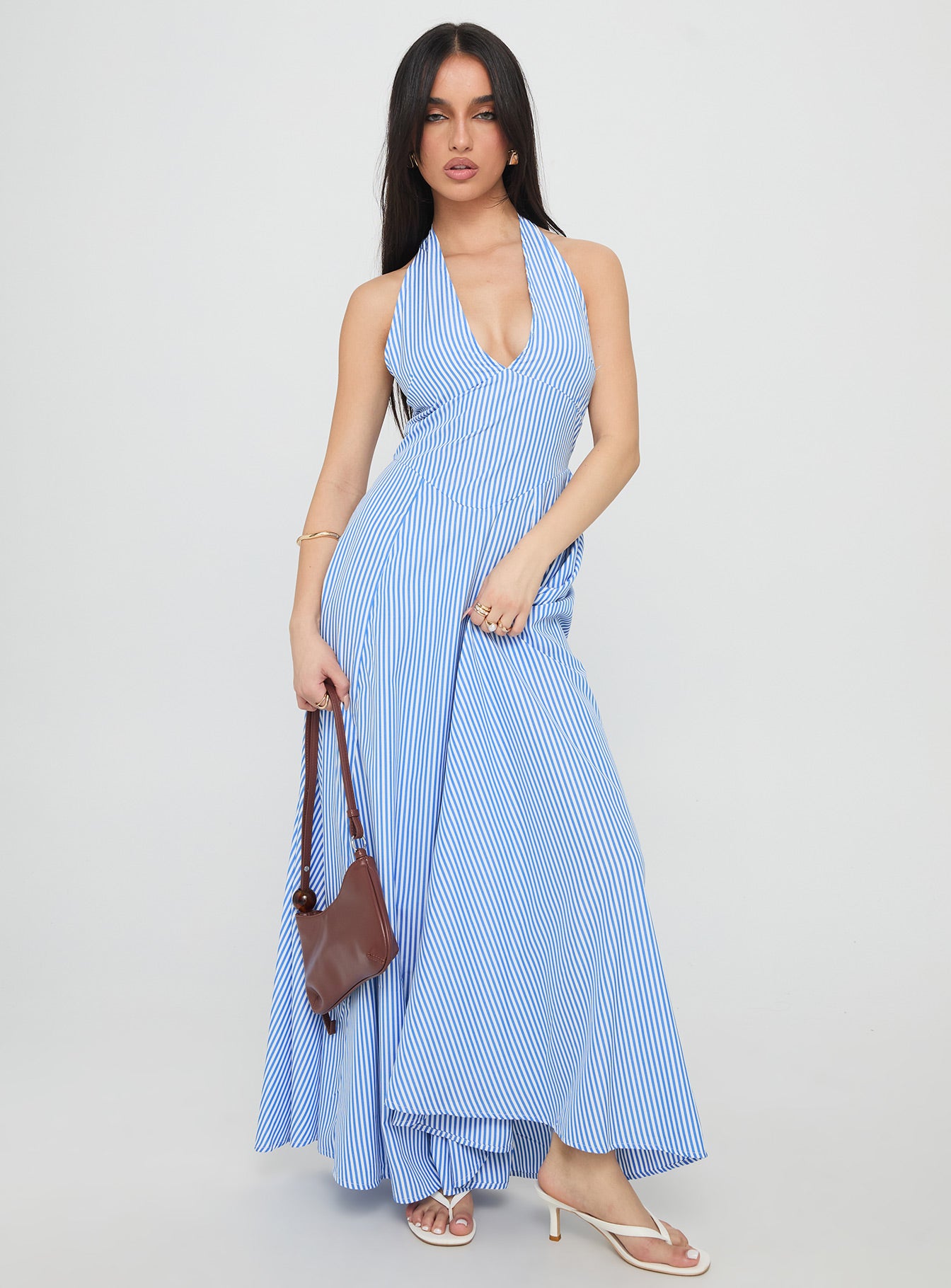 Ivie Halter Plunge Maxi Dress Blue Stripe - Image 2