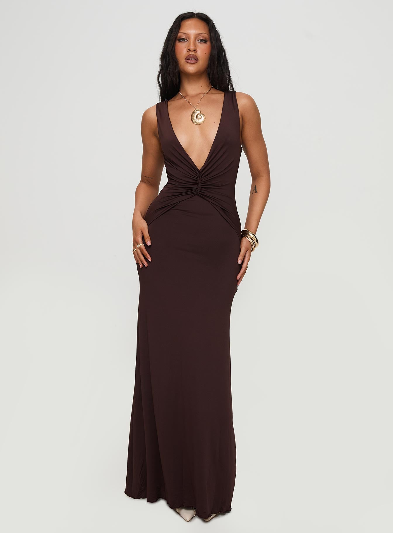 Frederica Plunge Maxi Dress Chocolate - Image 3