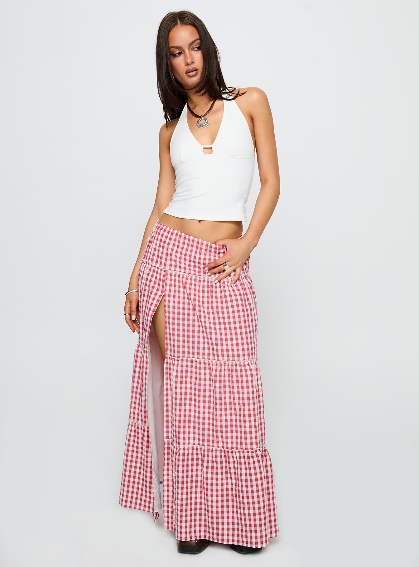 Alternative view of Ilaina Tiered Maxi Skirt Red Check
